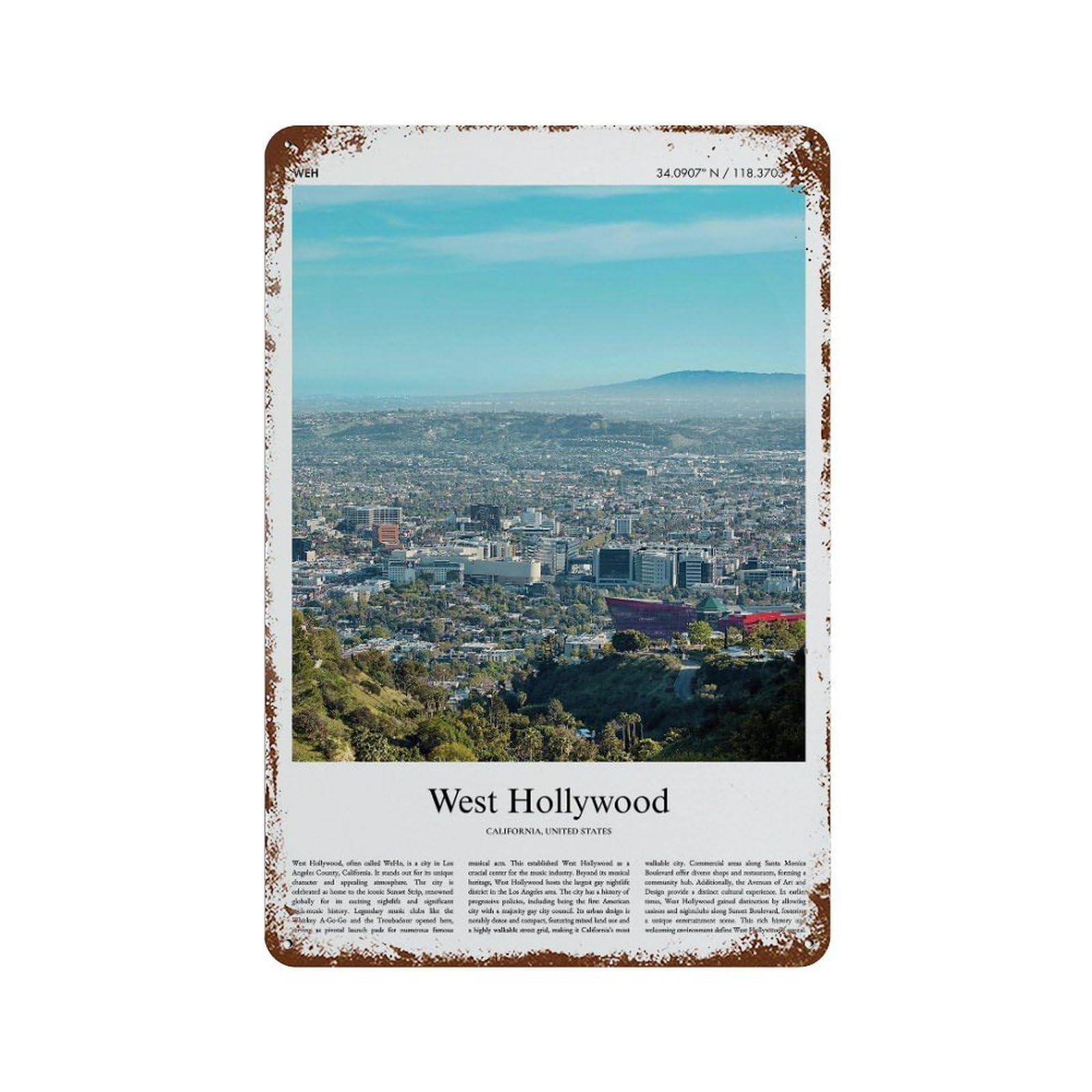xiaoxiaoshen West Hollywood California, United States, USA City Scenery Wall Decor Art Metal Tin Poster Modern Home Decor Art Home Bar Shop Decorations Vintage Sign 30x20cm