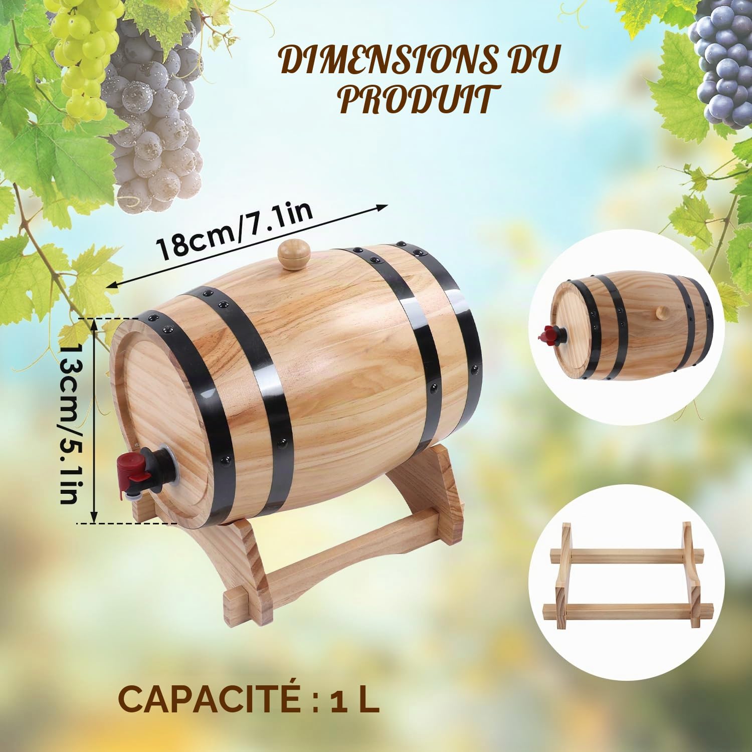 Tonneau à Vin avec Support, 1L Distributeur de Tonneaux à Vin en Bois Seau de Stockage Sans Fuite Fûts de Vieillissement de Fûts de Vin Fût de Whisky pour Bar de Restauration