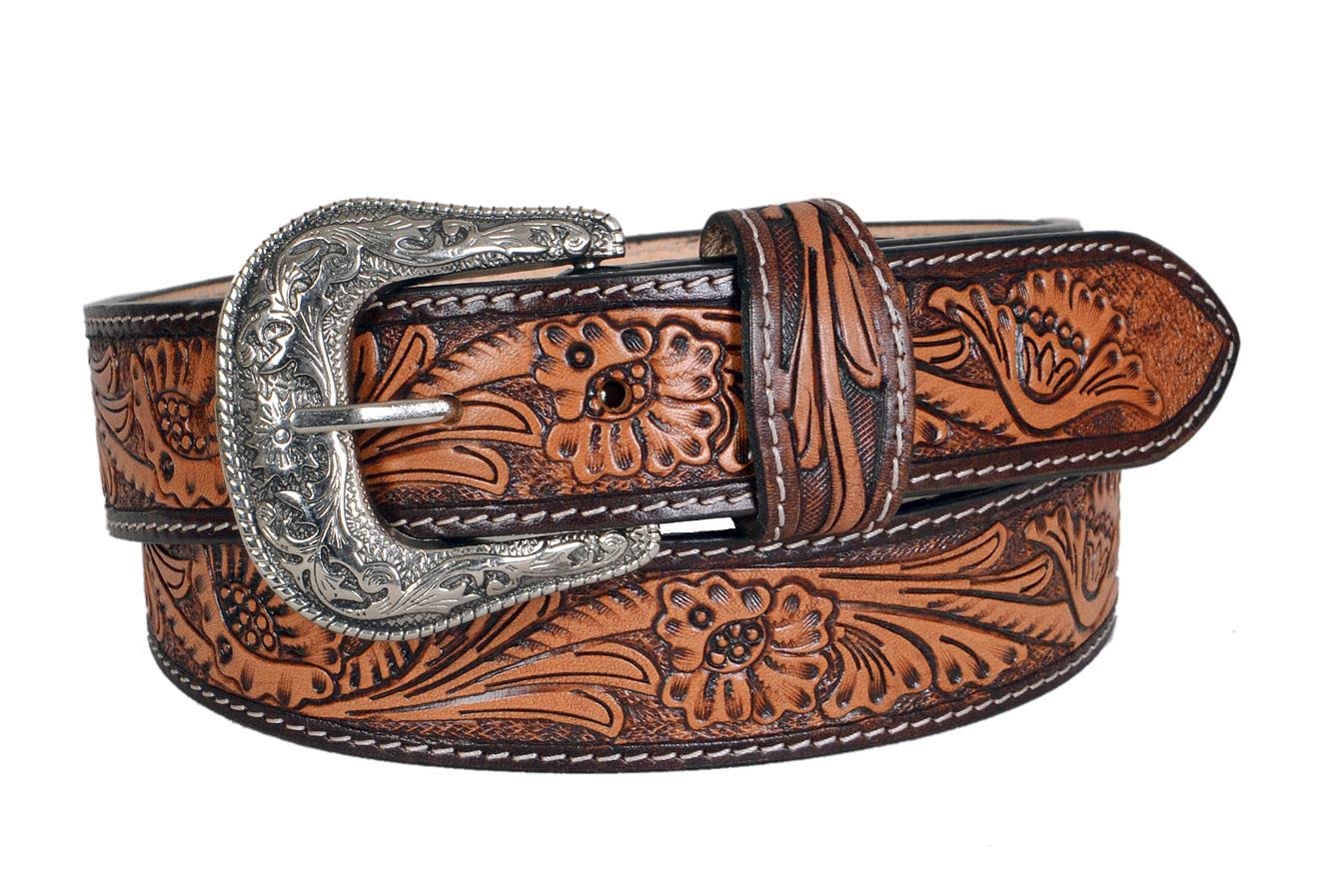 Affilare Western Belt with ornate silver buckle and floral tooling