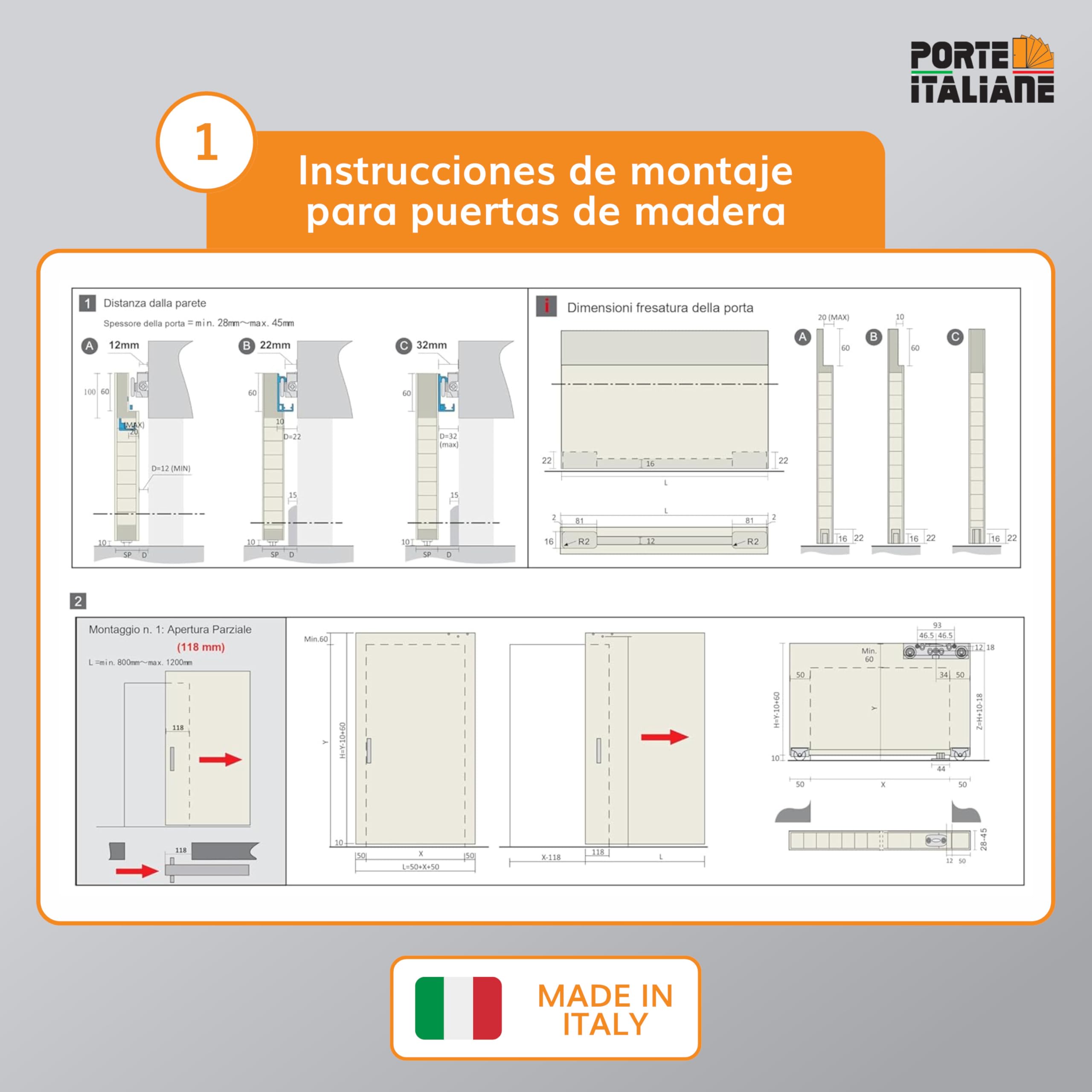 Porte Italiane, Riel Puerta Corredera Invisible MAGICAL 1200 Carga 80 kg, para Puerta Corredera Exterior de Pared en Madera Ancho de 80 cm a 120 cm, Kit con Mecanismo, Accesorios y Guía