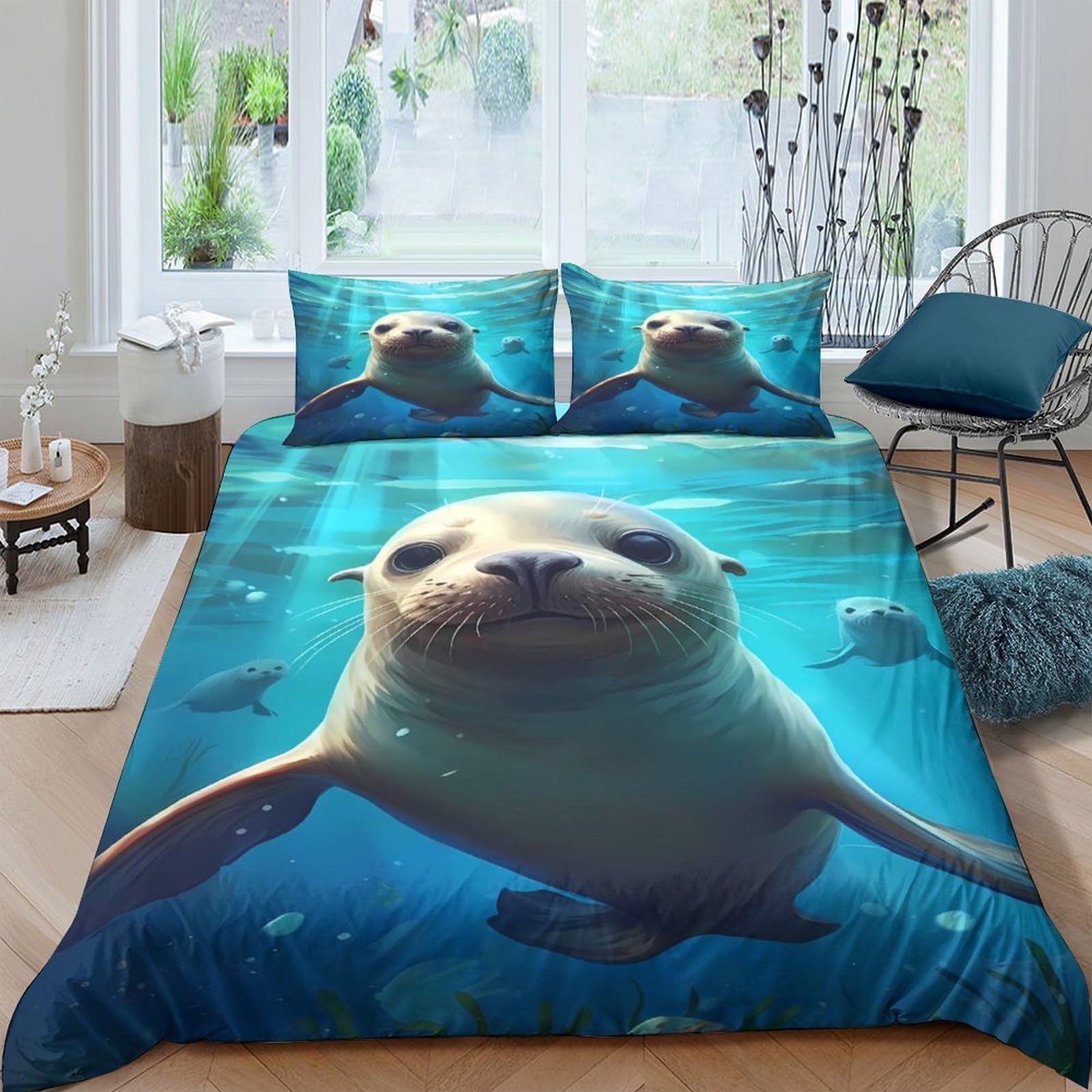 GPLZQXKJNH 3D Printed Sea Otter Duvet Cover Microfiber Soft Breathable Ocean Animal Bedding Set with 2 Pillowcases for Bedroom Decor Single（135x200cm）