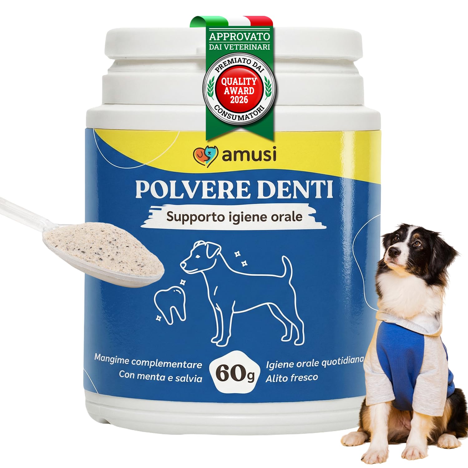 amusi Dentifricio per Cani in Polvere 60 g con Ascophyllum Nodosum e Menta - Mangime Complementare per la Pulizia Denti Cane e l’Alito Fresco - Polvere Denti Cane Naturale per l’Igiene Orale