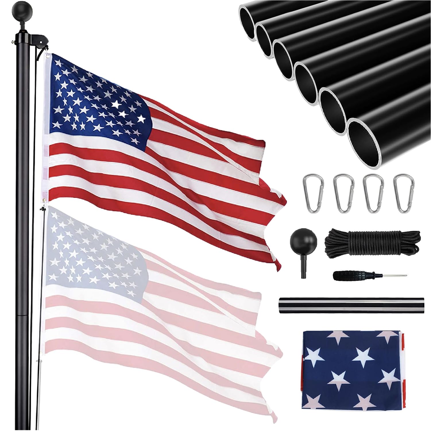Extra Thick 25FT Sectional Flag Pole Kit, Wall Thickness 1.8MM, 3x5 Embroidery American Flag, Heavy Duty Aluminum Flag Poles for Outside House Inground Residential Commercial Outdoor, Black