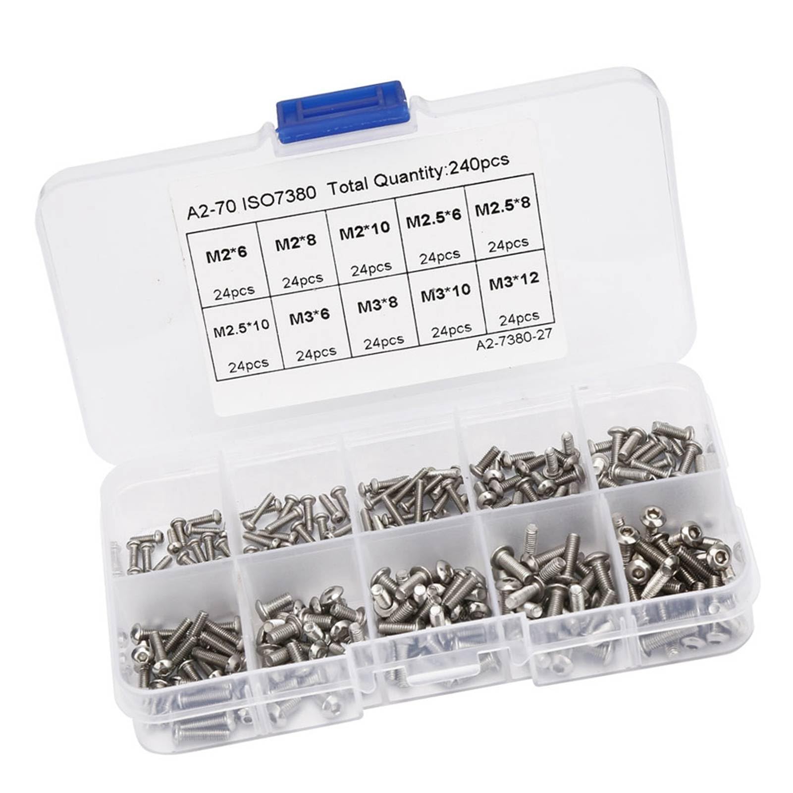 Cryfokt Stainless Steel Hex Socket Screw Set, Exquisite In Workmanship 240Pcs/Set Hex Socket Head Screw Set, for 10Pcs M2, 6Pcs M3 6 Pcs M2 6, 8Pcs M2