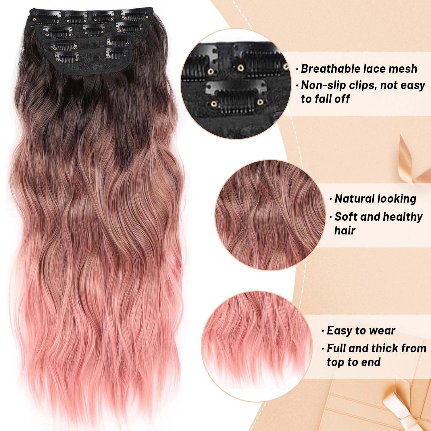 24 Inch Clip in Long Wavy Curly Hair Extensions, 4 PCS Pink Hair Extensions Clip ins, Thick Hairpieces Clip in Hair Extension for Women Synthetic Hair Double Weft Hairpieces (PINK, 24INCH)