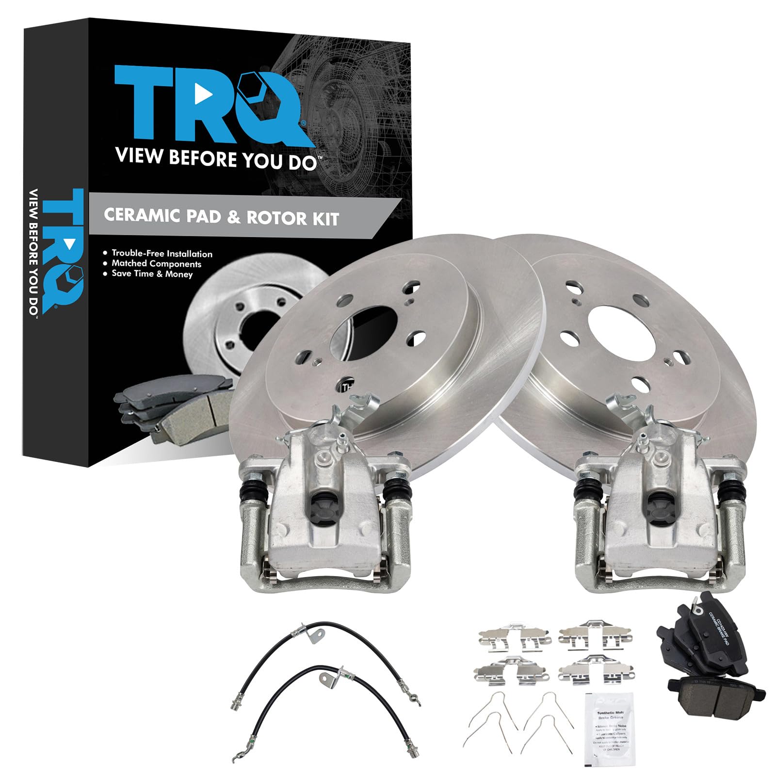 TRQ Rear Brake Pad and Rotor Set Ceramic Rotors Calipers Compatible with 2009-2010 Pontiac Vibe 2009-2018 Toyota Corolla 2009-2011 Matrix