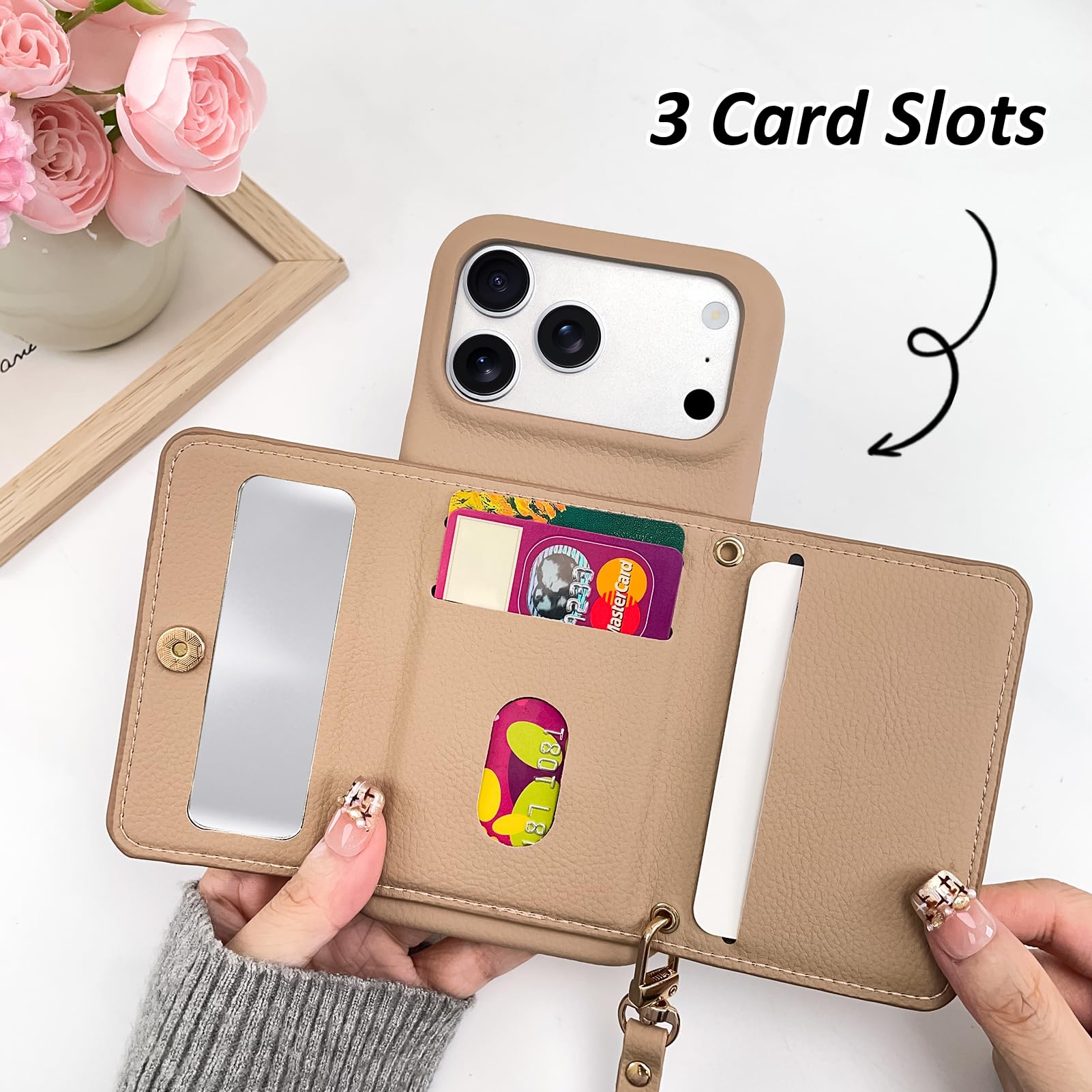 OOK Custodia a portafoglio per iPhone 17 Pro Max con porta carte di credito | Design multifunzionale con slot per schede, cinturino da polso, specchio nascosto, custodia protettiva sottile in pelle TPU