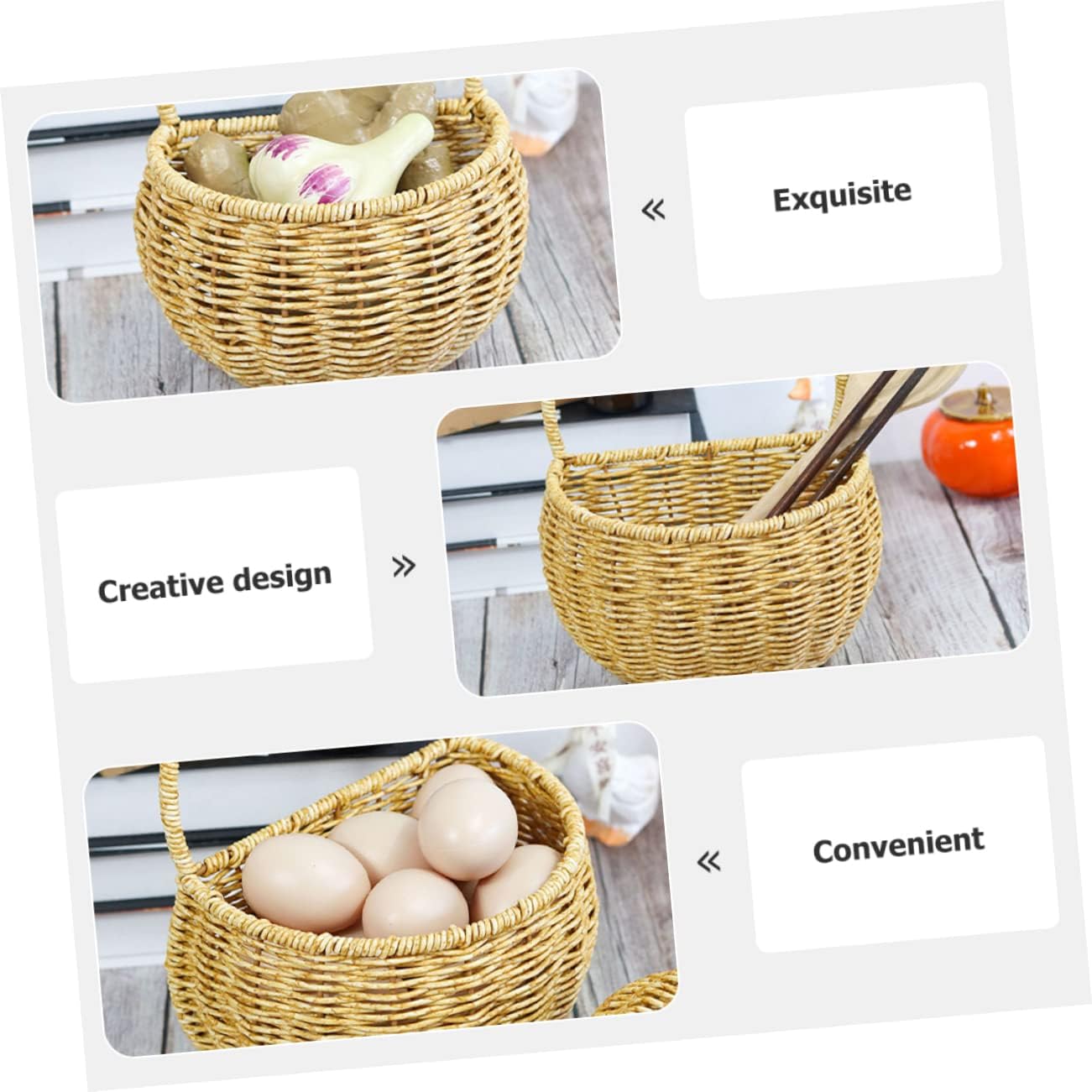 3pcs Pantry S Potato Vegetables Rattan Onion Basket Fruits Kitchen Hanging Hand Wall-Mounted Holder Decorative Organizer Rope Woven Wall for Eggs Produce Keeper Pot Practical (Light Brown 24x18cm)