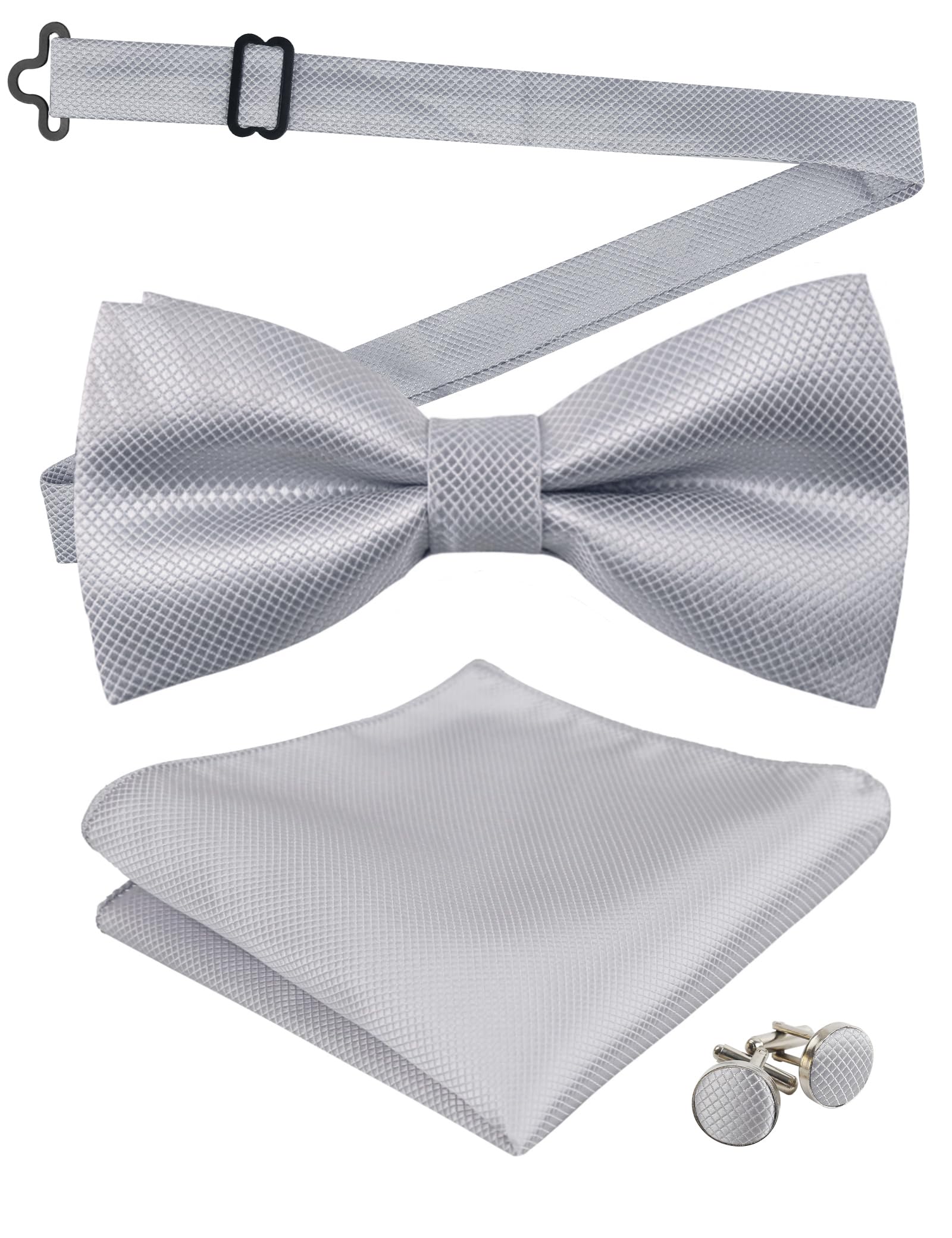 Alizeal Solid Pre-tied Bow Tie Cufflinks Hanky Set for Men Neck Wear, Silver