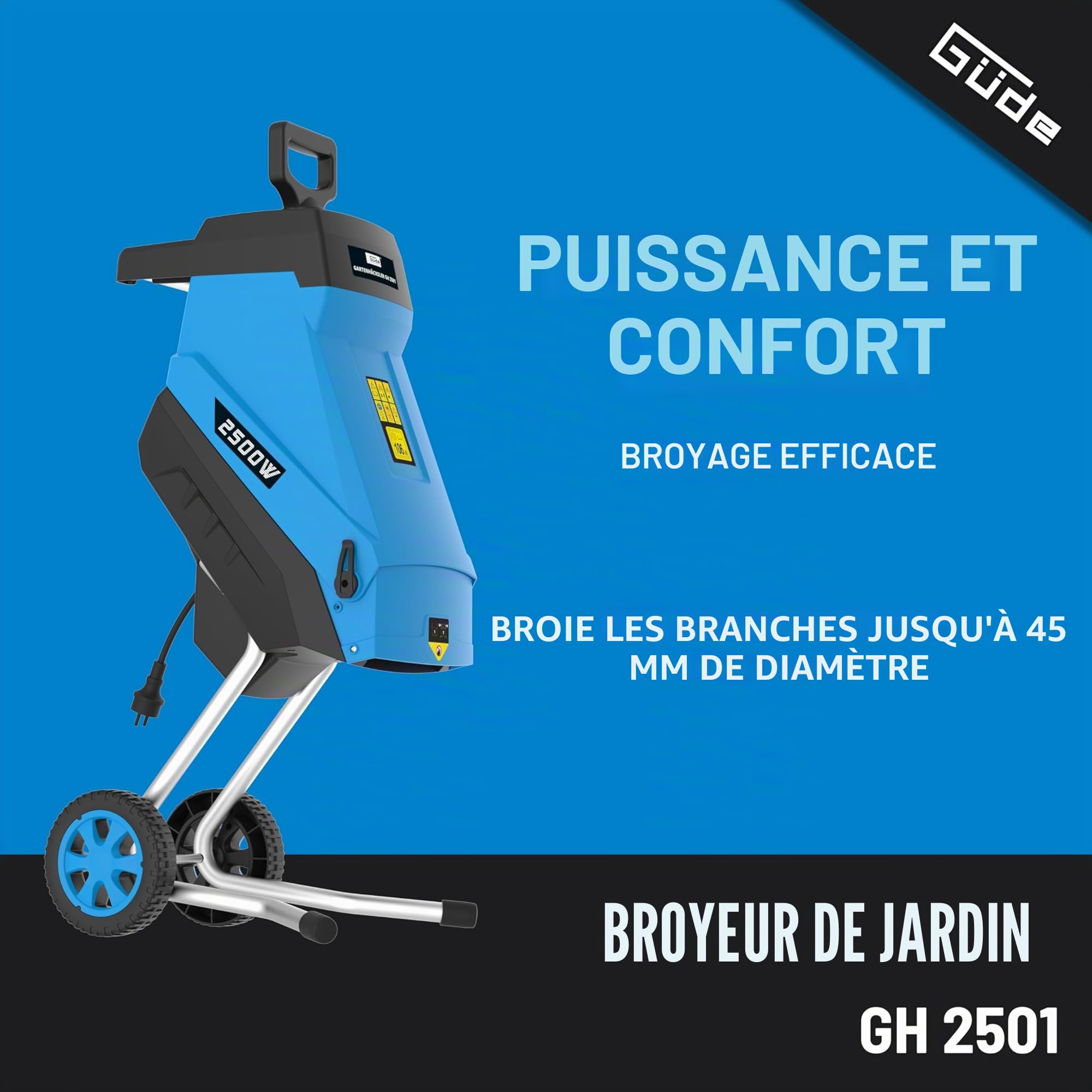 Güde 94372 GH 2501 Hachoir de jardin avec bras de suspension automatique 45 l, Bleu