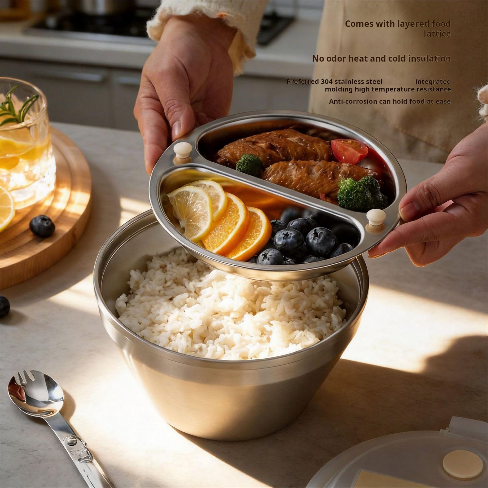 Pratico Contenitore per Alimenti a Doppia Parete in Acciaio Inossidabile, Contenitore per Pranzo a Scomparti Multipli, per Picnic e Lavoro, Contenitore per Pranzo antiruggine per Uso