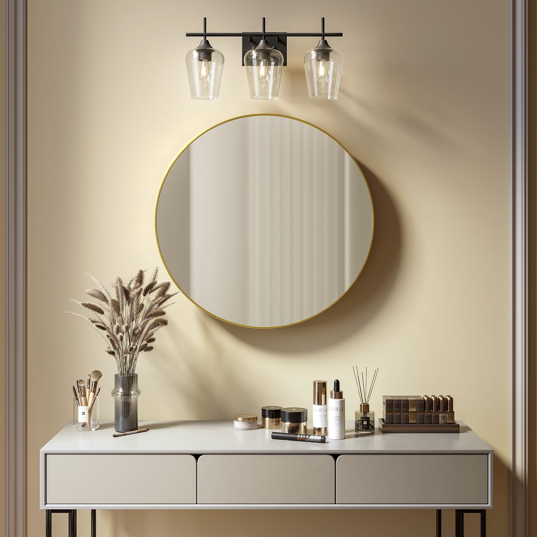 Lámpara de tocador de baño, lámpara de baño de 3 luces sobre el espejo, lámpara de pared de baño con vidrio transparente, accesorios de iluminación negros modernos para baño, dormitorio 2