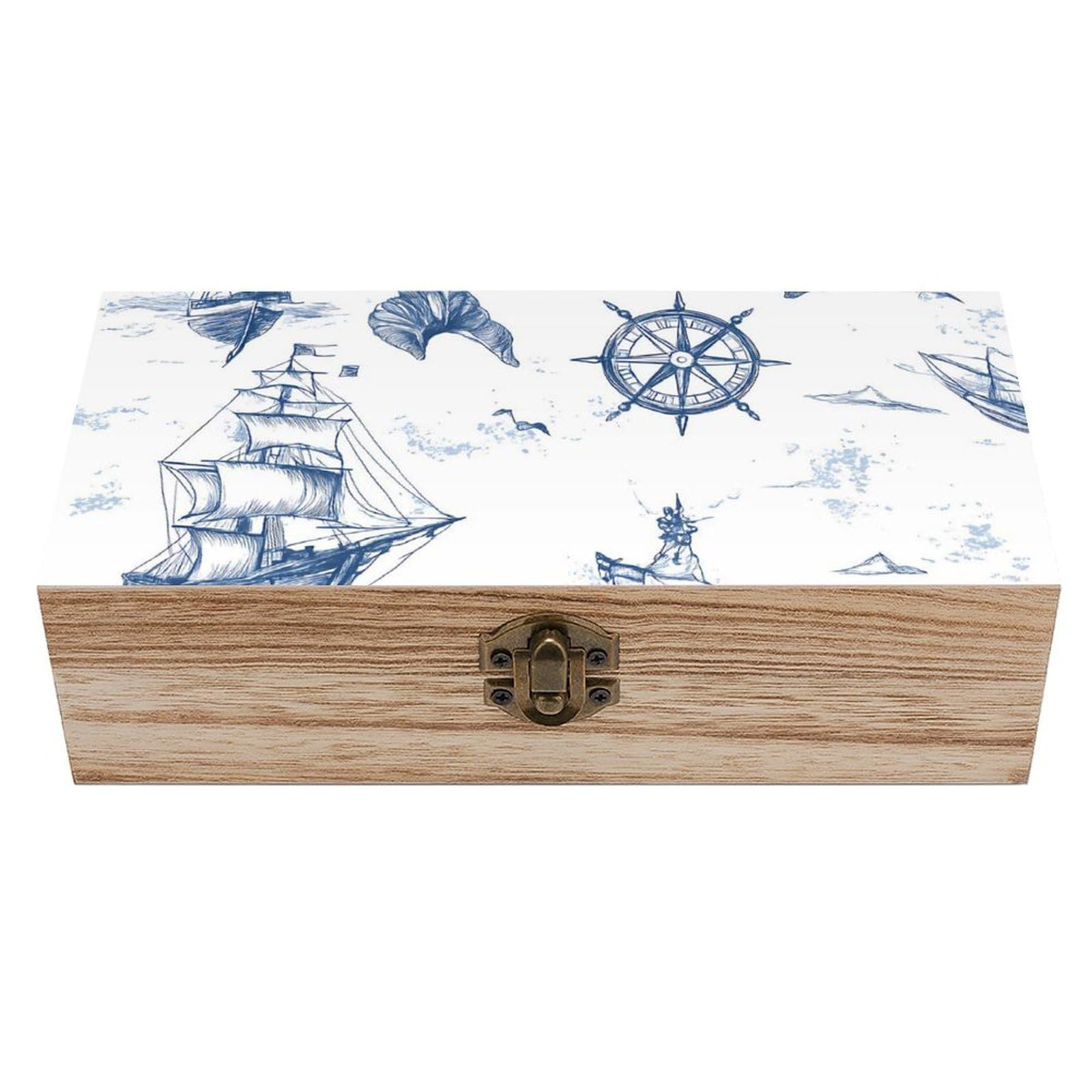 HLBSDM Navy Blue Nautical Compass & Sailboat Retro Wooden Storage Box Jewelry Art Gift Boxs Decorative Keepsake Boxes