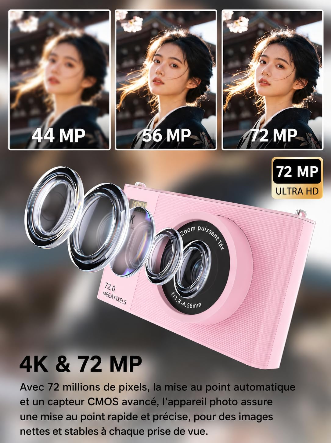Cámara Digital 4K-72MP con Tarjeta SD de 32GB Incluida, Autofocus AF, Zoom Digital 16X, Pantalla de 2,8 pulgadas, Carga y Transferencia Tipo-C, Ligero y Compacto