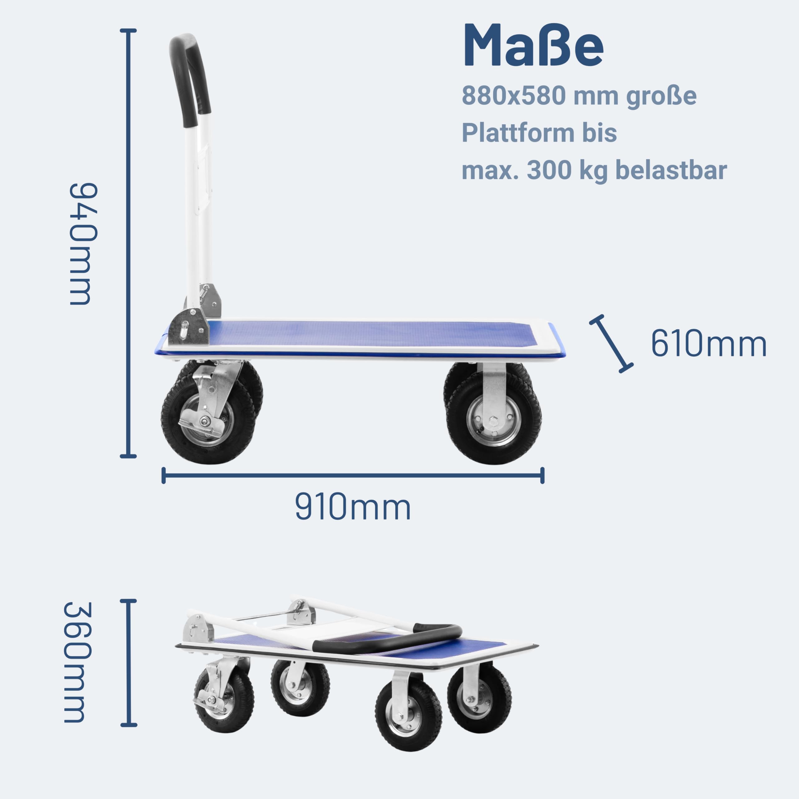 Pallit Transportwagen klappbar 300kg Rollwagen mit lenkbarer Luftbereifung Anti-Rutsch Plattformwagen Carry-R Transporthilfe Handwagen mit Feststellbremse