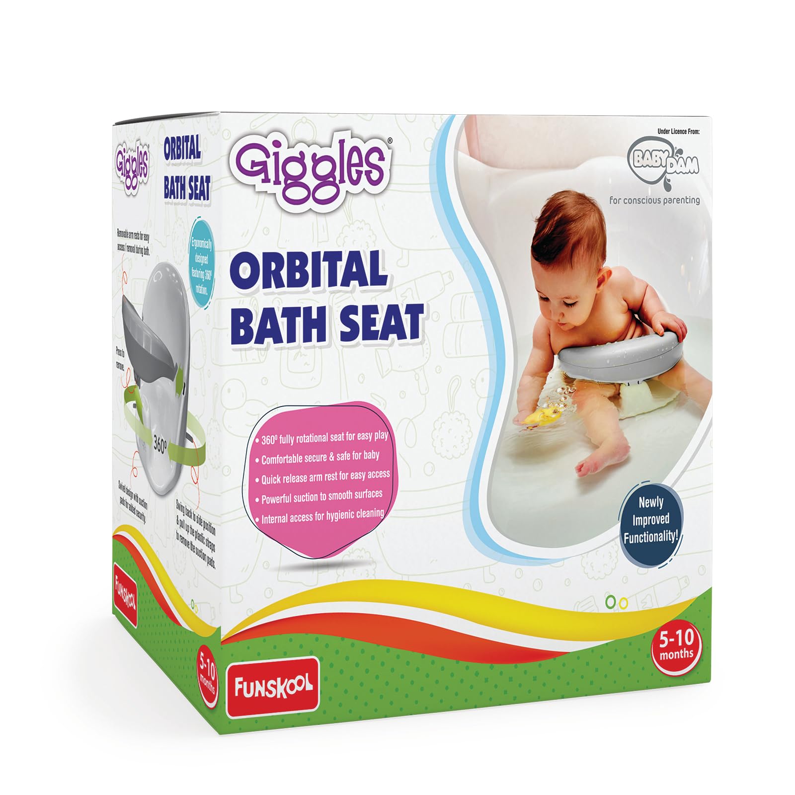 Giggles Funskool Orbital Bath Seat for Newborn Babies, Infants & Toddlers, with Pop-Up Waterproof Suction Pads, 360 Degree Rotation, Water Play Activity Toy, Gift Set for Kids, Age 5+ Months-image-10