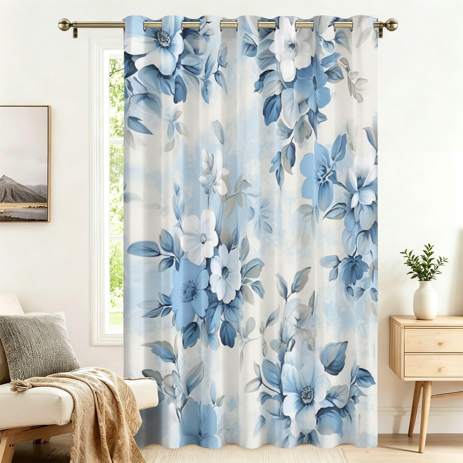 Rideau thermique isolant contre le froid à motif floral bleu et blanc pour chambre