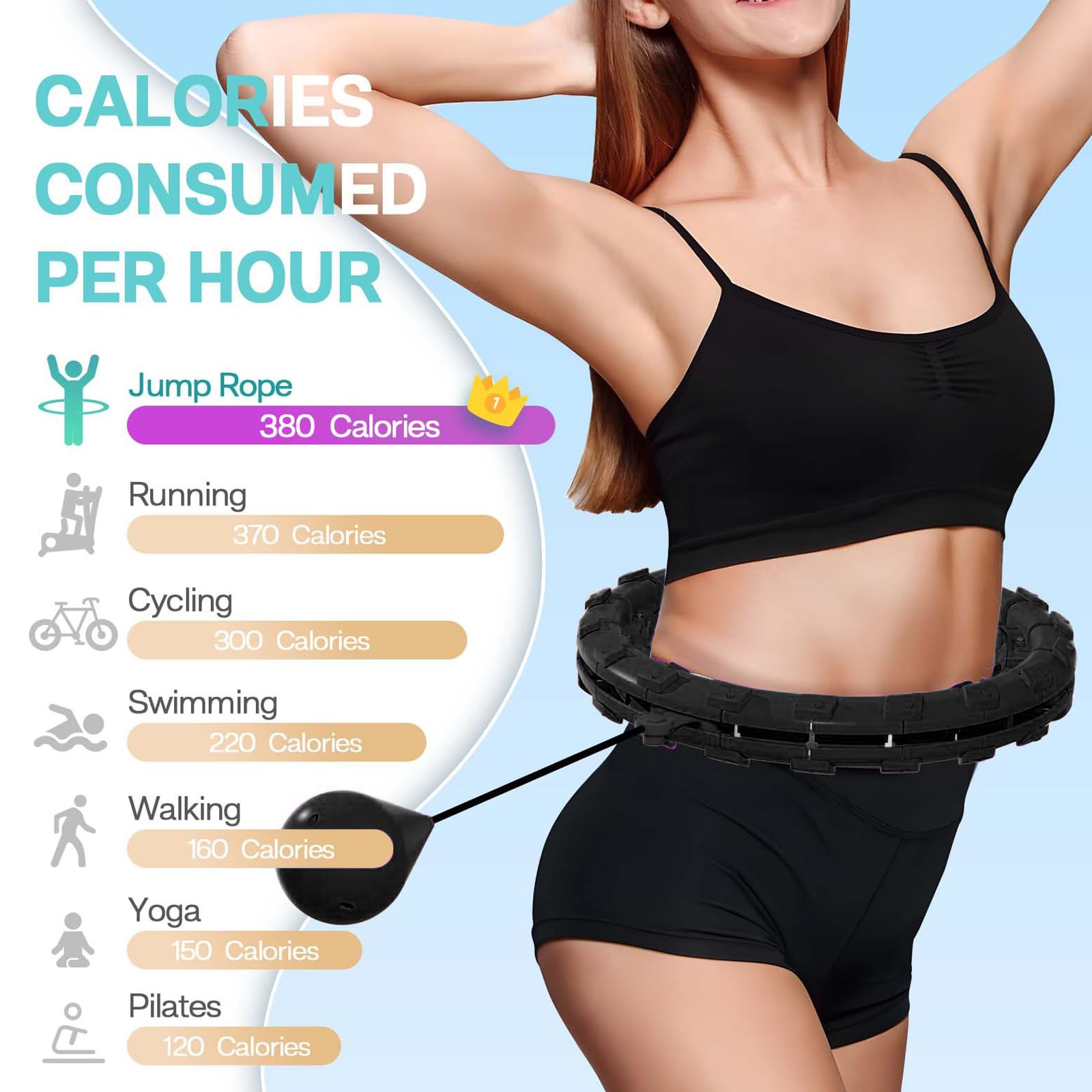 Smart Hula Hoop - Pneumatico per adulti con peso a sfera, 32 nodi (57 – 165 cm), regolabile, per il fitness, silenzioso, per la dimagrimento, per la perdita di peso, fitness, inferiore