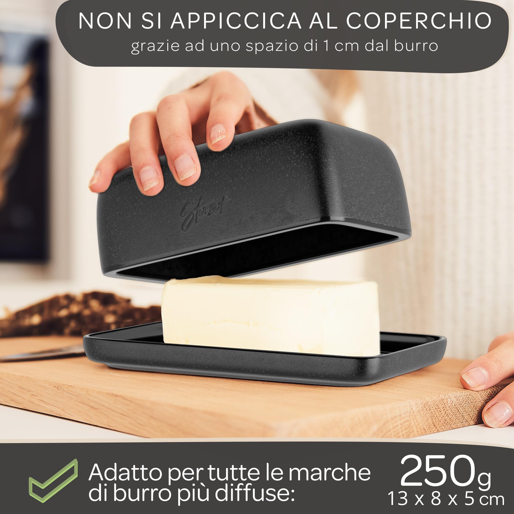 Steinzeit Burriera Design - Porta burro da frigorifero - burriera in ceramica per tutti i tipi di burro comuni (250 g) - Piatto per burro adatto alla lavastoviglie - portaburro da frigo