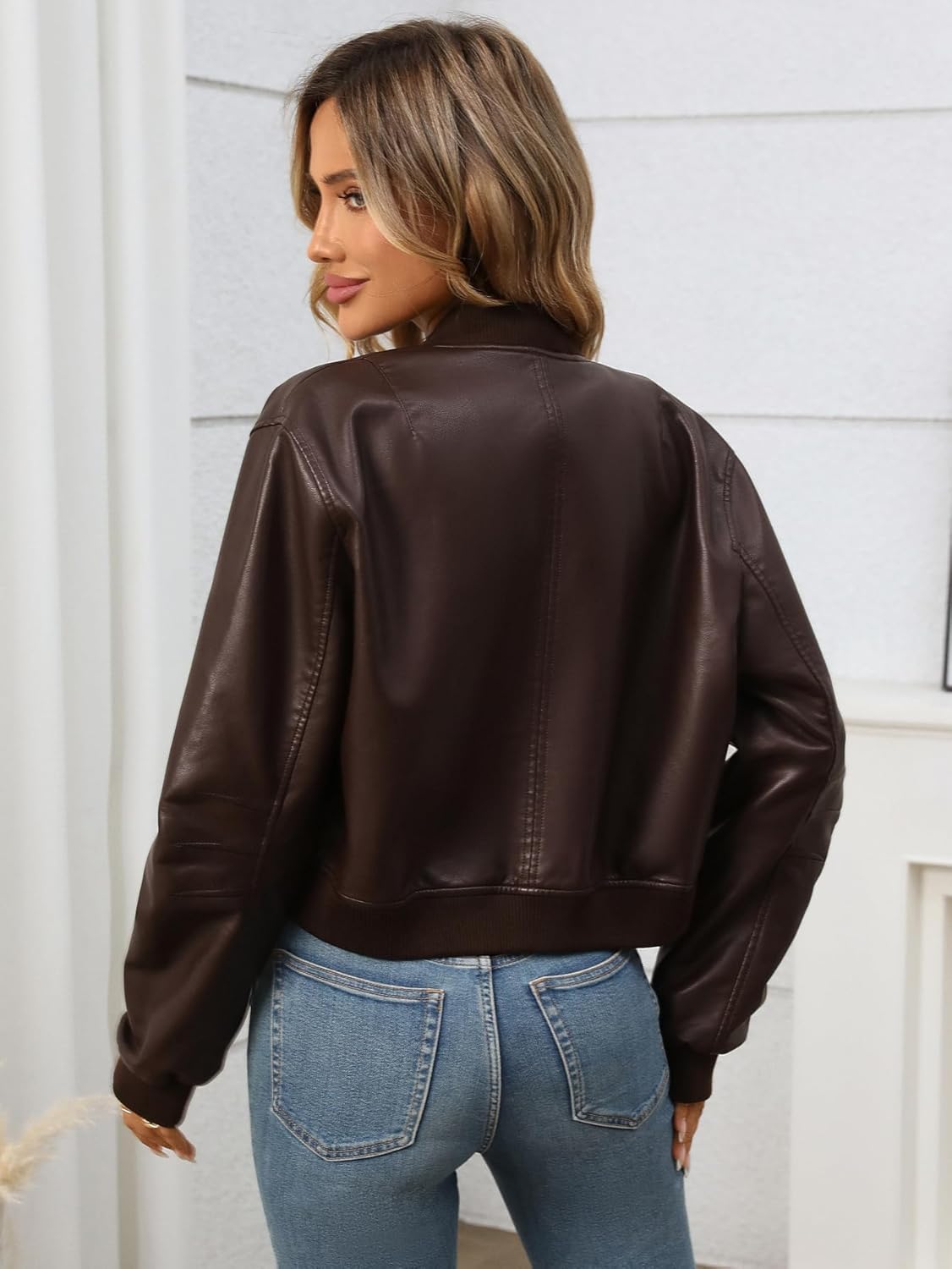 LY VAREY LIN Womens Faux Leather Varsity Jacket Bomber Baseball Collar Streetwear Casual Coat - Image 6