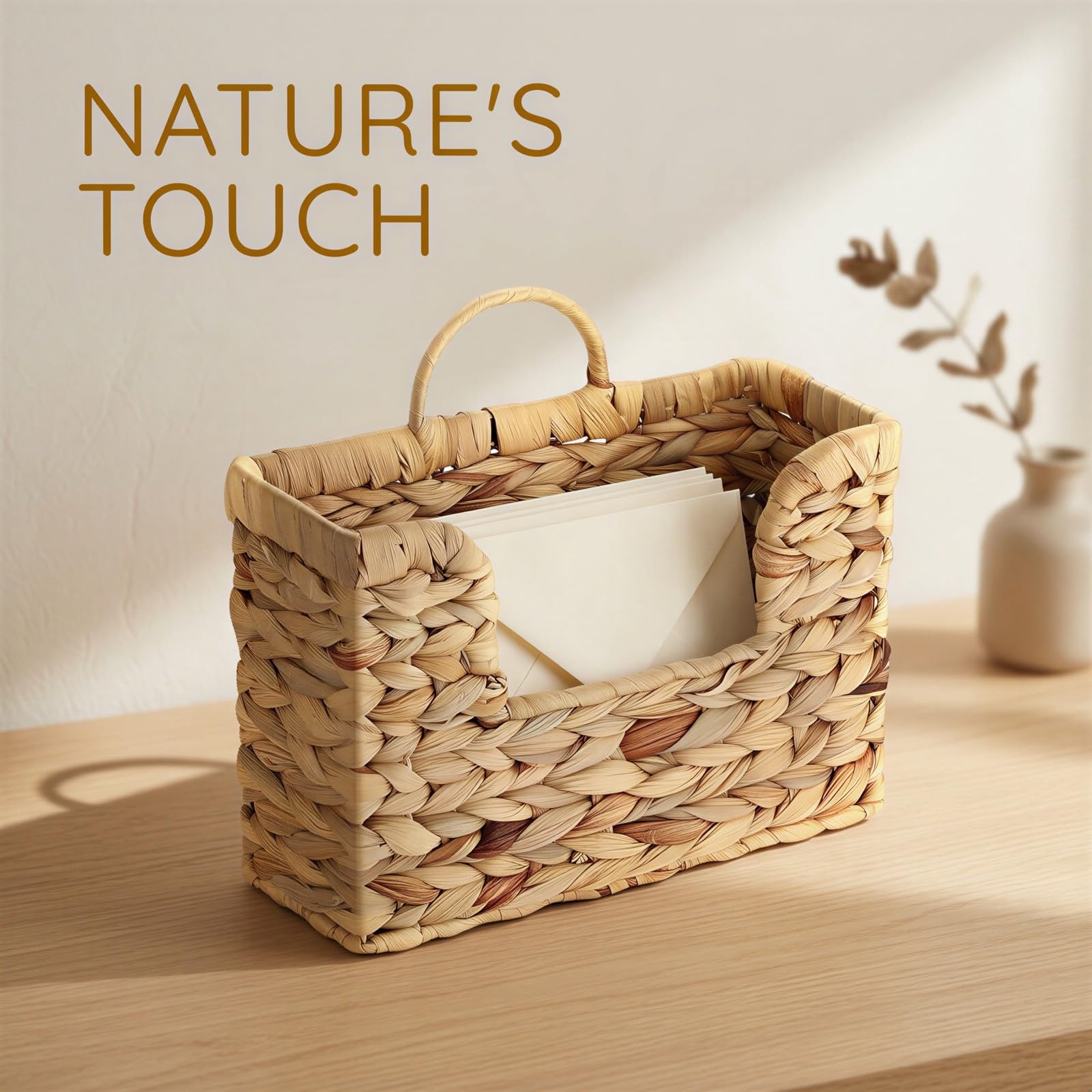 Porte-revues suspendu tressé, panier magazine en herbe calebasse fait main, panier de rangement mural avec poignée pour dossiers et courrier, pour maison, bureau à domicile et entrée