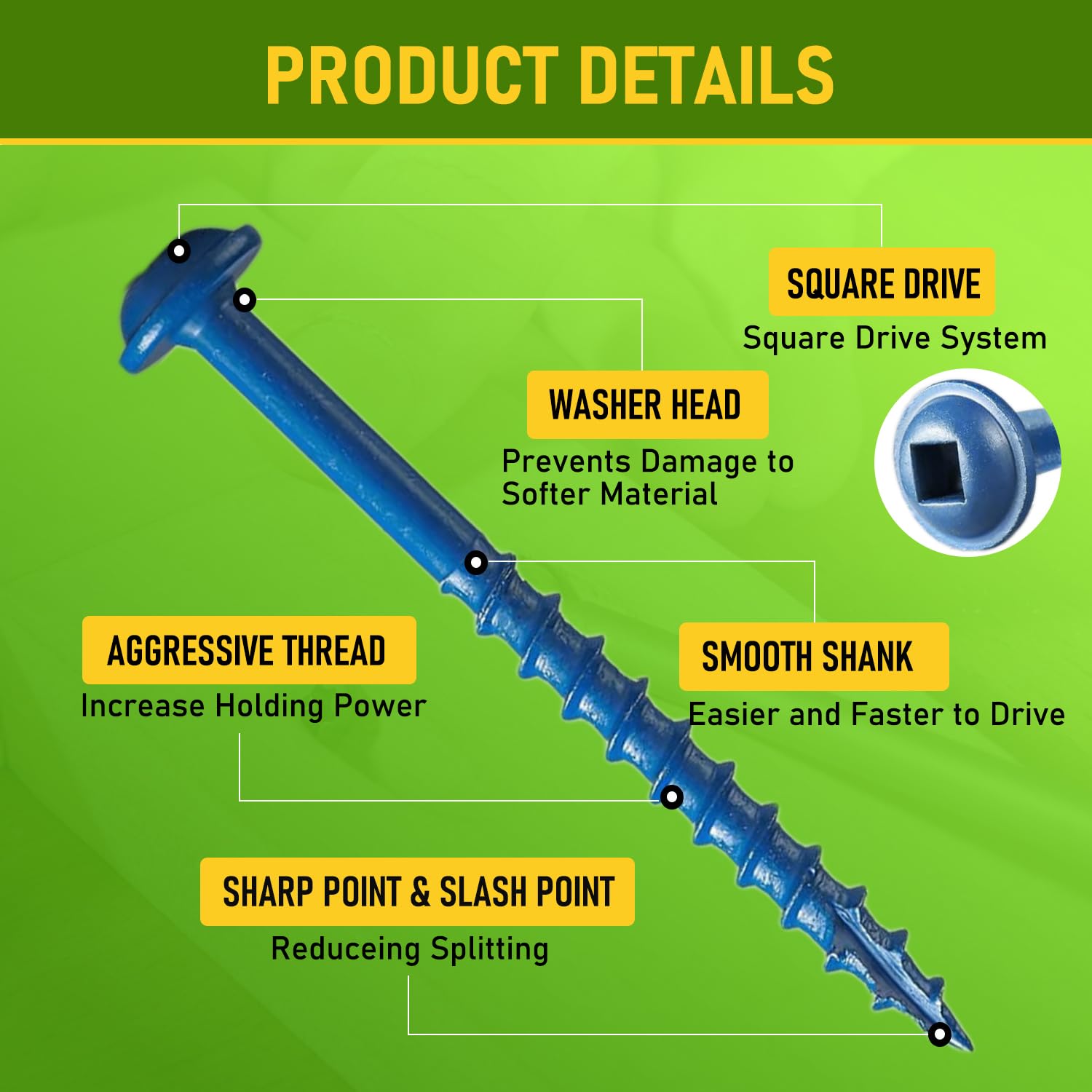 300PCS #8 x 2-1/2" Pocket Hole Screws, Exterior Pocket Screws Blue Coated for Weather-Resistant, Coarse Thread Washer Head, Square Drive & 150MM Bit Included - Image 4