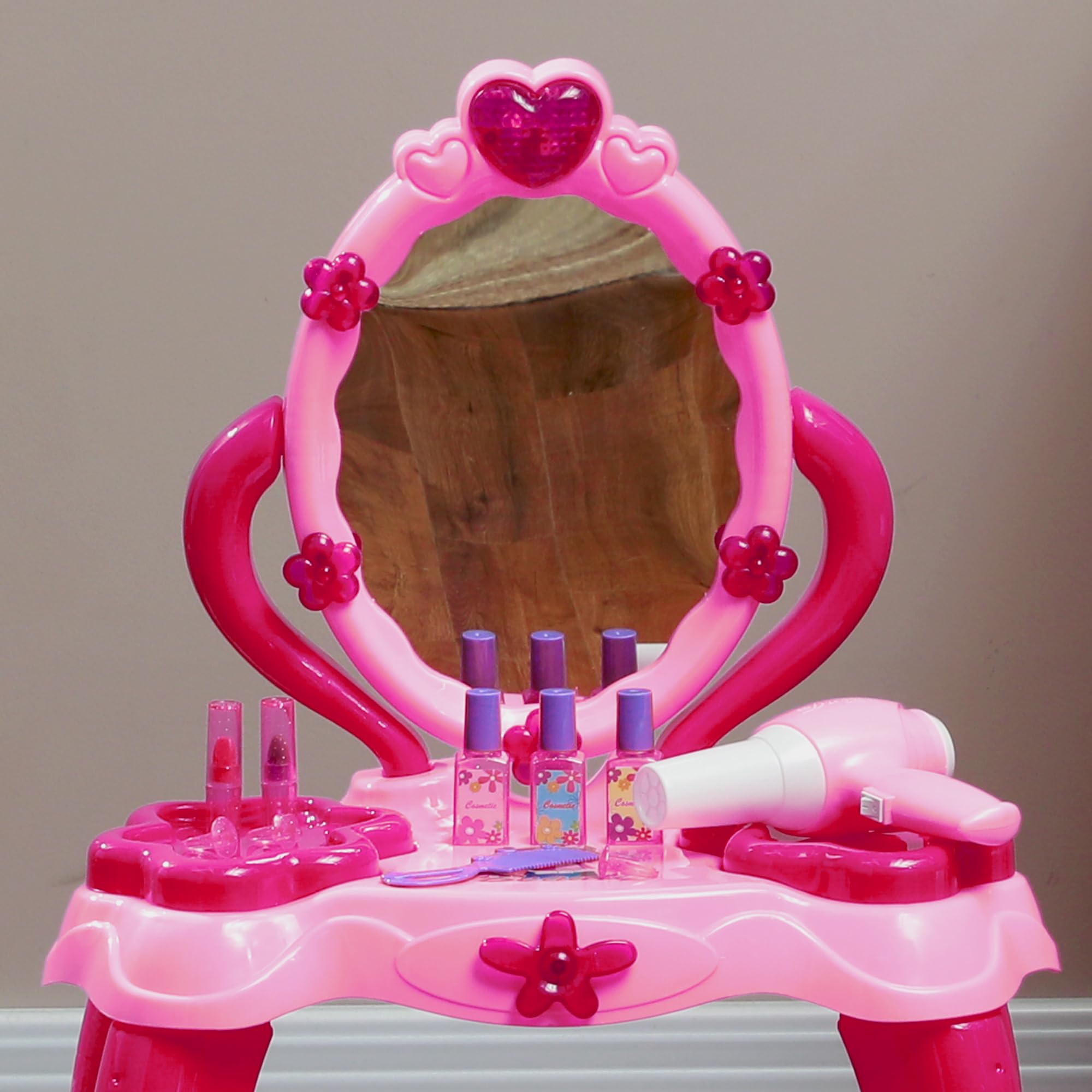 AIYAPLAY Coiffeuse pour Enfants de 3 à 6 Ans Ensemble Coiffeuse et Tabouret avec Miroir 15 PCS, Table de Maquillage avec lumière, Musique, sèche-Cheveux, Rose