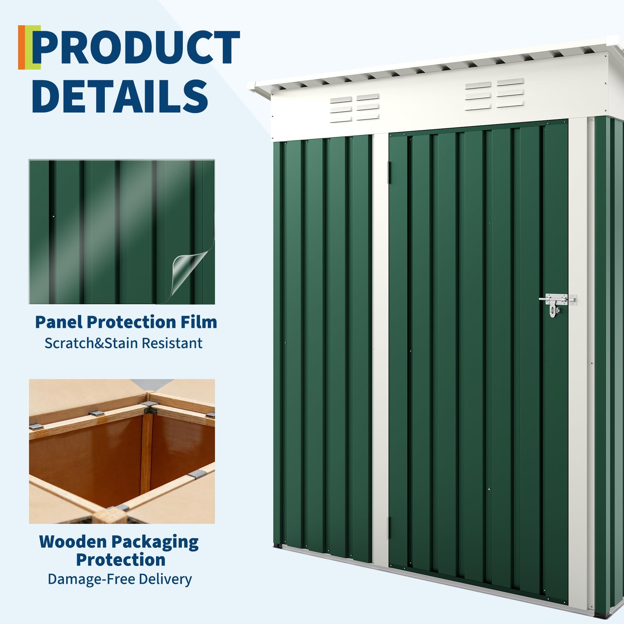 5×3 ft Outdoor Storage Shed, 67 CU.ft Metal Tool Shed with Sloping Roof and Lockable Door, Compact Garden Shed for Backyard, Patio and Lawn Organization, Green - 3
