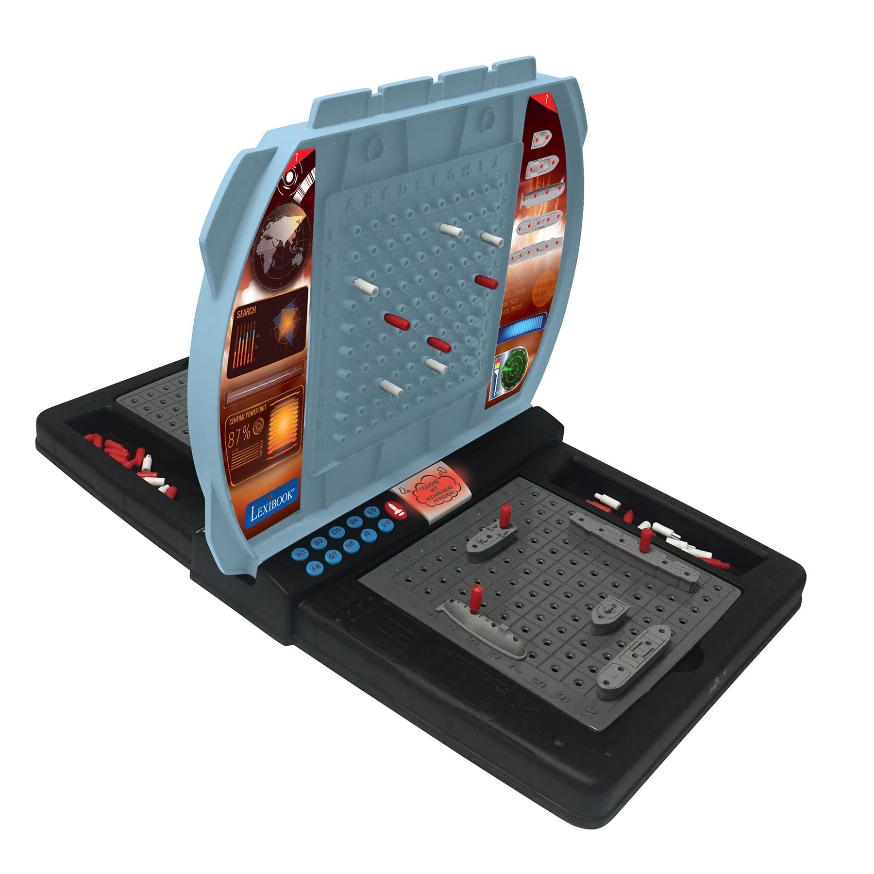 LEXIBOOK, Talking Sea Battle (French, English, Spanish, Portuguese), Electronic Board Game 1 or 2 Players, Interactive, Light and Sound Effects, Strategy, Battery Operated, Grey/Black, GT2800i1LXB