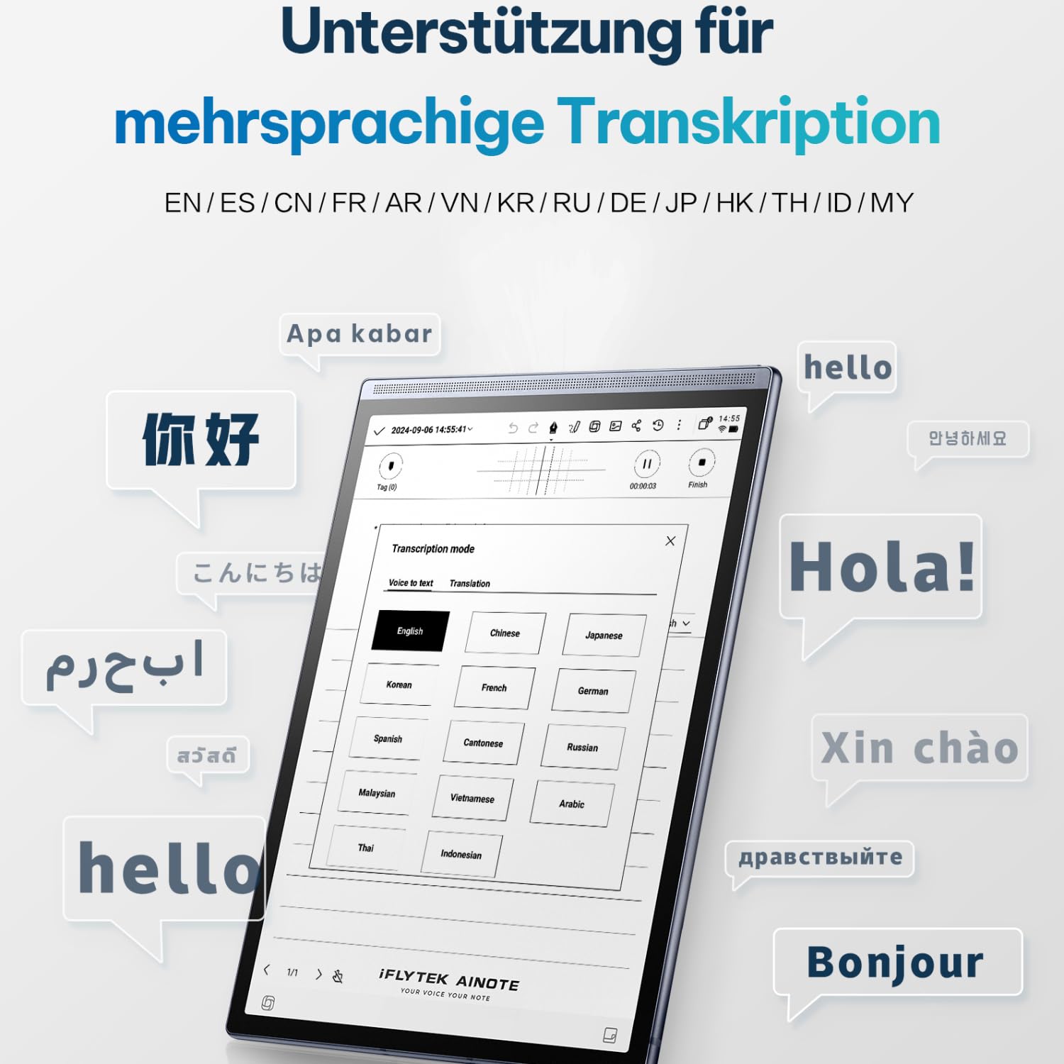 iFLYTEK AINOTE Air 2 de 8,2" Tableta de Tinta electrónica Toma de Notas y Papel Digital con lápiz óptico, grabación con IA, transcripción multilingüe, Lectura y gestión de tareas – Gris
