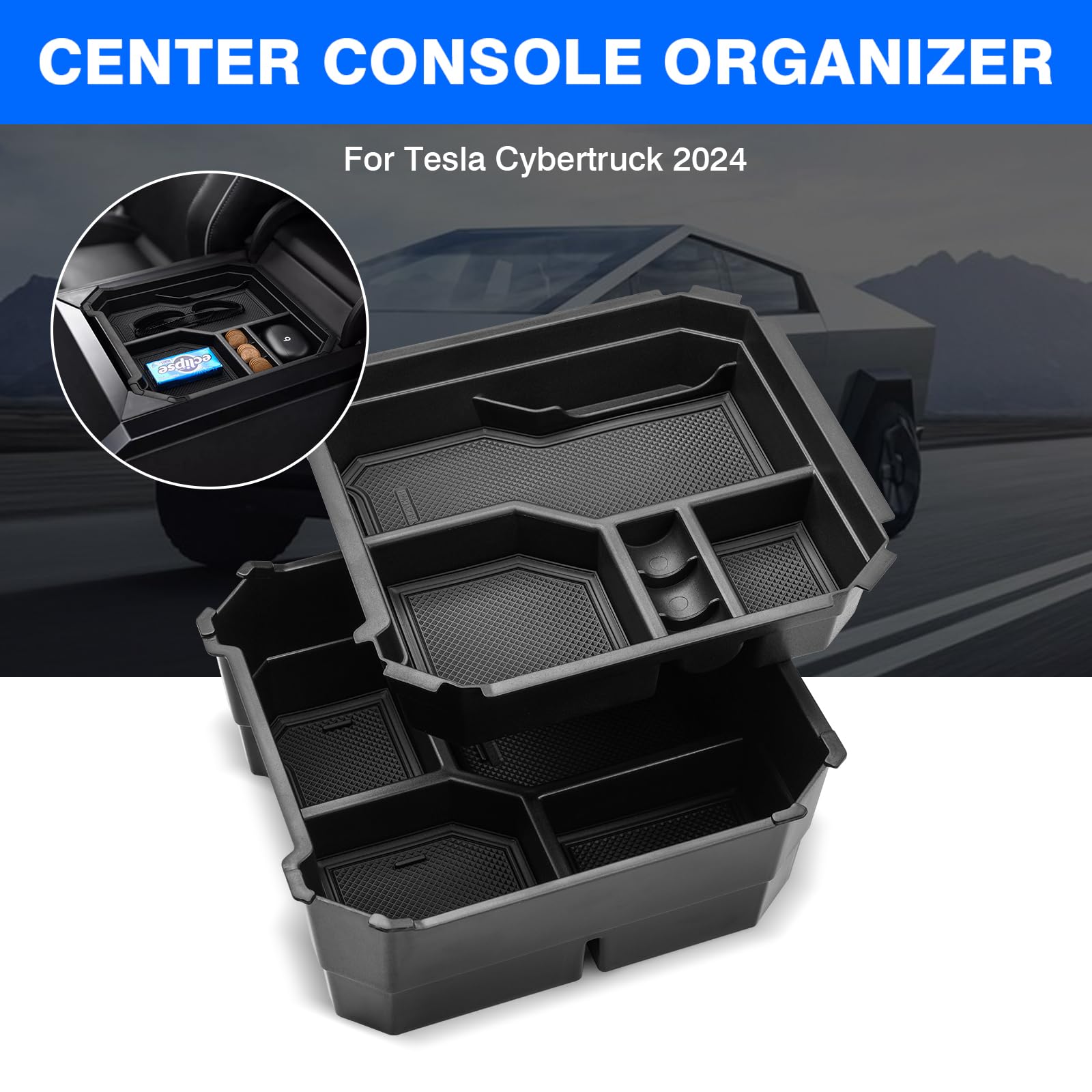 Tesla Cybertruck Cup Holder Expander & Storage Tray - 2024 Center Console Organizer Accessory