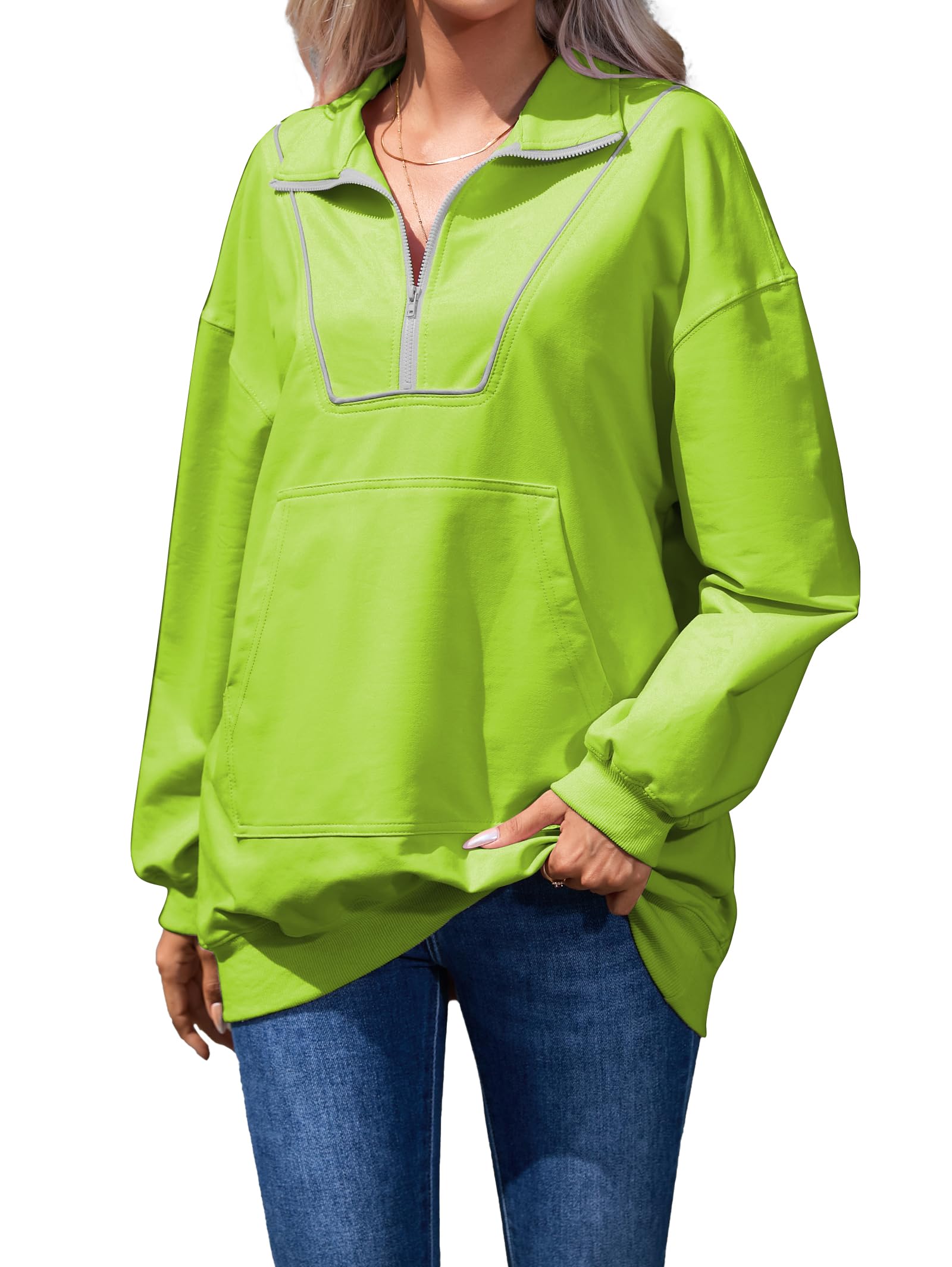 Famulily Cute Half Zipper Lapel Collar Pullover Tops Casual Drop Shoulder Contrast Color Line Sweatshirt with Kangaroo Pocket