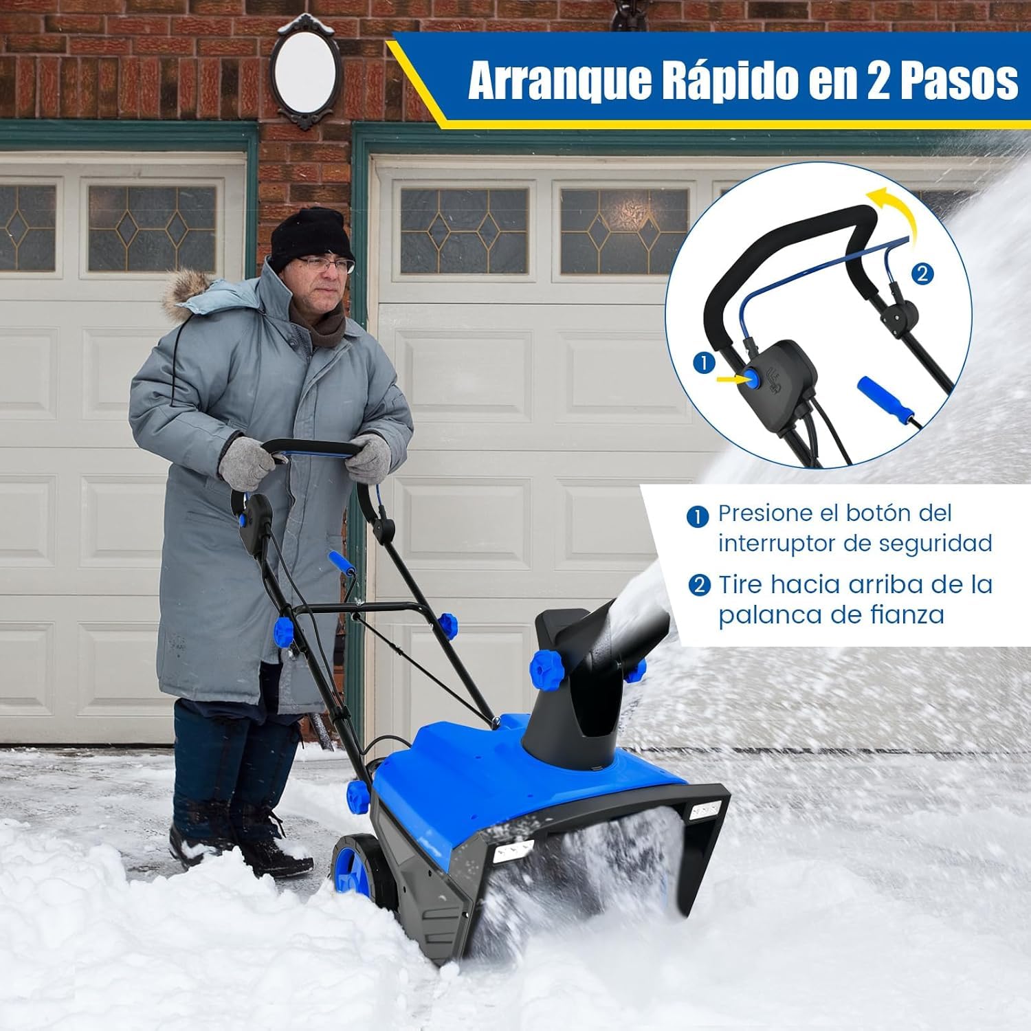 GOPLUS Quitanieves Eléctrico 2300W, Lanzador de Nieve 3000RPM con Faros LED, Ancho Trabajo 50CM y Profundidad 25CM, Giratorio 180°, Distancia de Lanzamiento 9M, Lanzanieves con Ruedas y Cable (Azul)