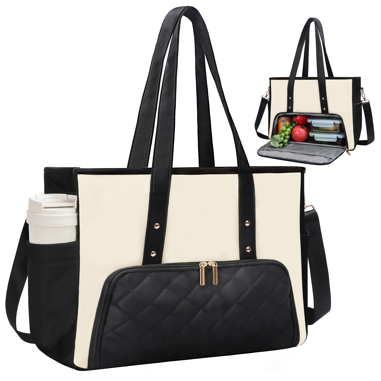 Jetviivid Laptop Tote Bag with Insulated Lunch Compartment, Work Bag Computer Handbag for Women, Lunch Tote for Office,Work, College (Black&White, 15.6 inch)
