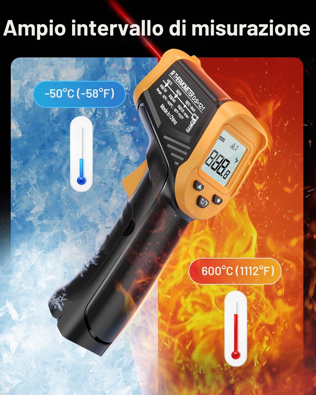 Eventek Termometro Infrarossi, -50 ° C ~ 600 ° C Termometro Laser Digitale Senza Contatto aiutante di cucina, Termometro per Cucina, Forno, Pizza, Freezer, Termometro per Carne Incluso (Non per Umani)