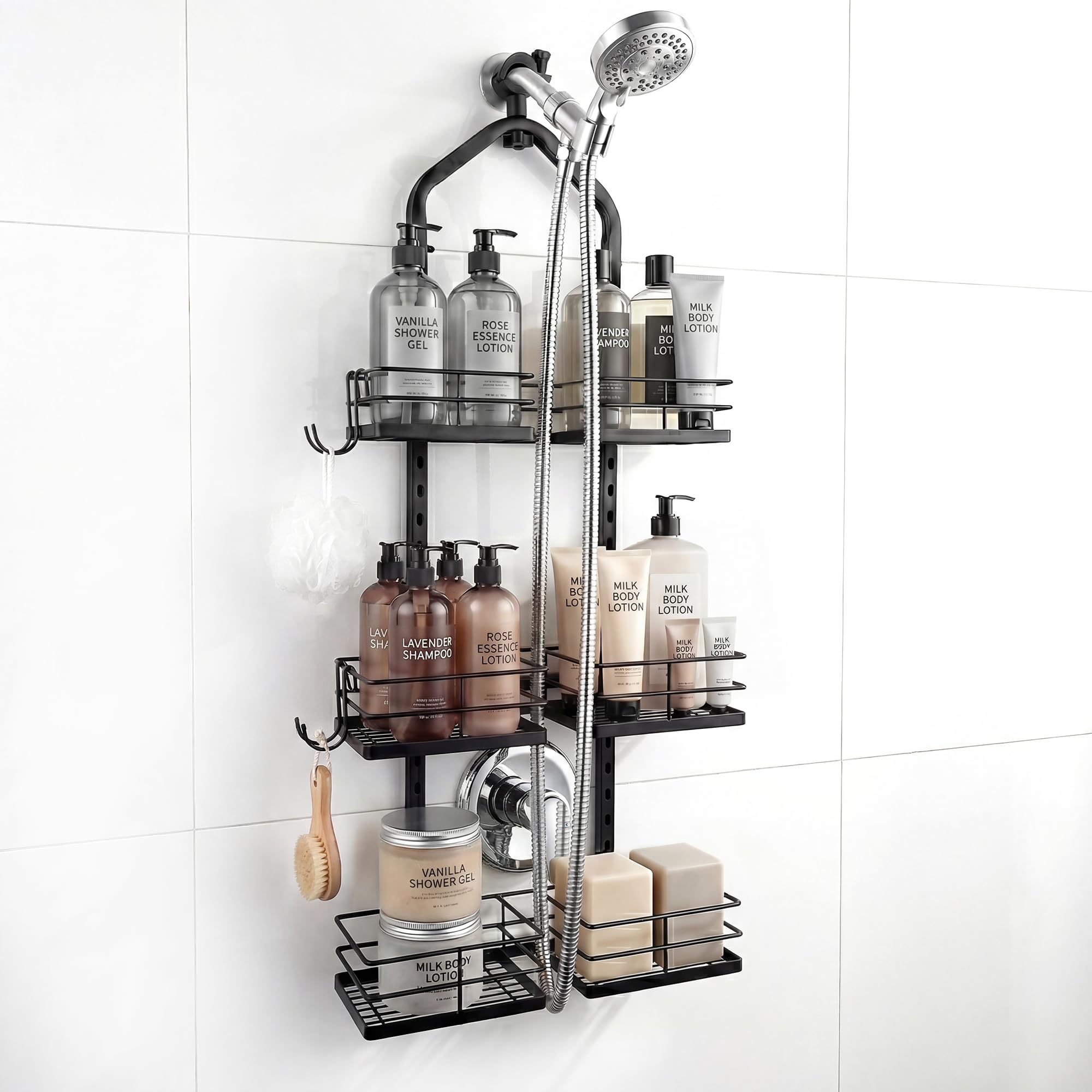Photo 1 of YTYLSJ Shower Caddy Hanging for Handheld Shower Heads, 3-Tier Adjustable Hagging Shower Caddy, Stainless Steel Hose Hanging Shower Organizer with 2 S-Hooks, Matte Black