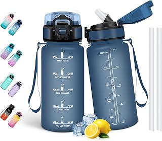 Motswedi Trinkflasche 500 ml, Auslaufsicher, Wasserflasche BPA-Frei, Motivierende mit Zeitmarkierung, Trinkflasche mit Strohhalm, Dunkel blau