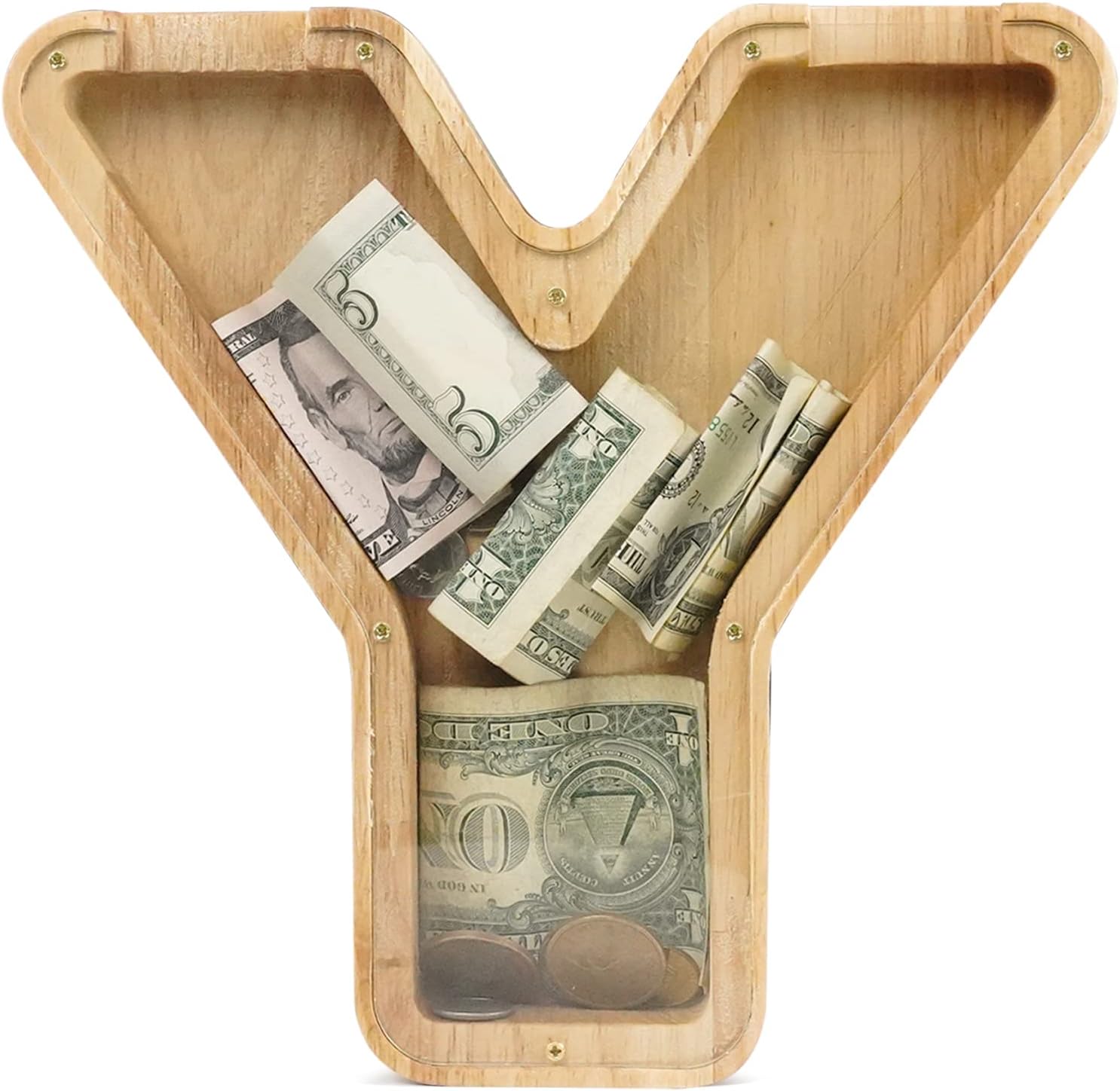WOOD CITY Letter Piggy Bank for Adults Boys Girls Kids, Wooden 9 inch Large Personalized Bills and Coins Bank Money Box, Customized Name DIY Creative Gift for Real-Money, Alphabet Decorations (Y)