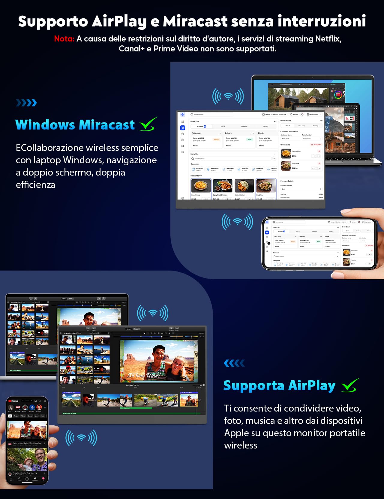 17.3" 2K Monitor Portatile Wireless (WiFi), 2560×1440P QHD Schermo Portatile Batteria Integrata(8000mAh), Monitor Portatil Senza Fili, Supporto AirPlay/Miracast, per Laptop/PC/Mac/Telefono/Tablet