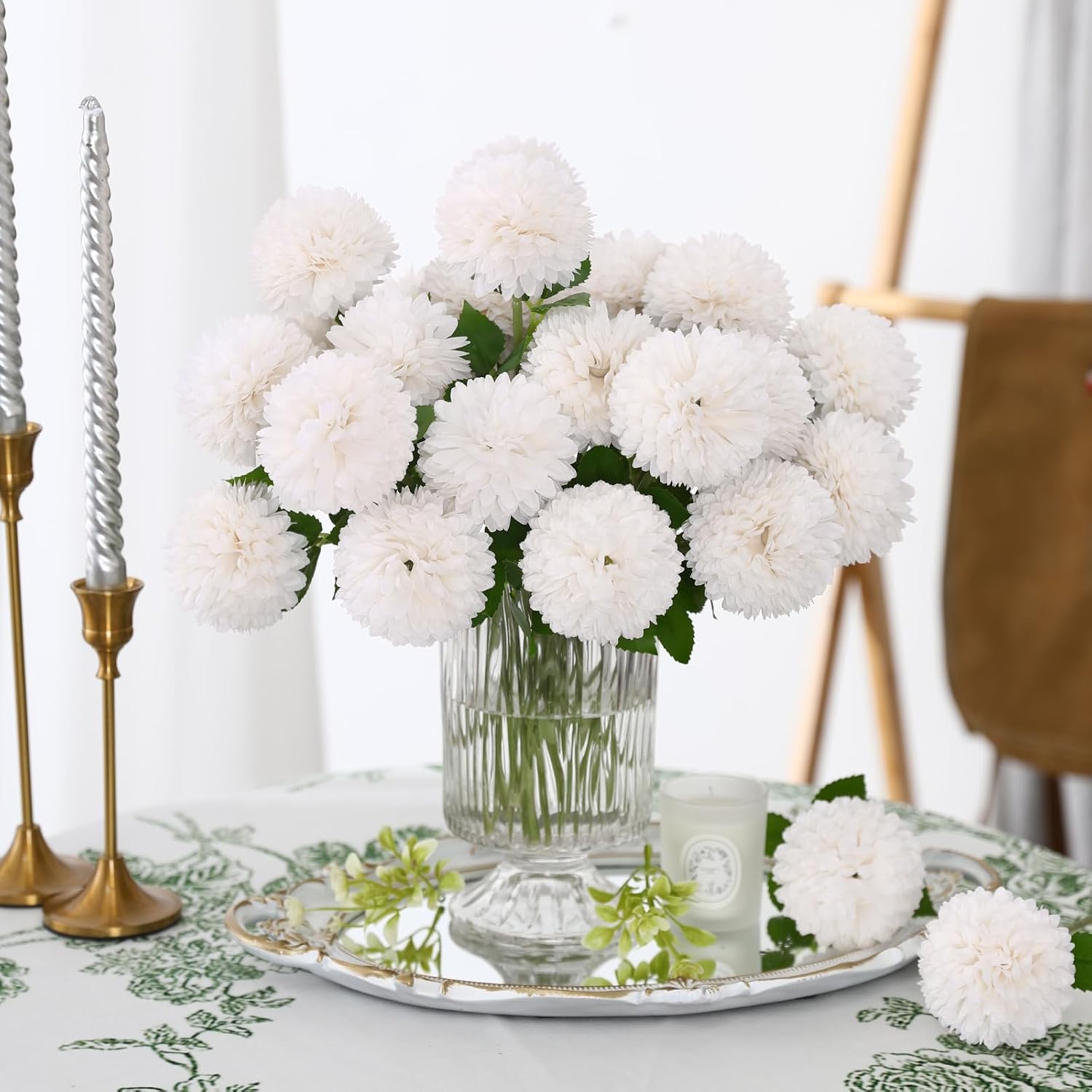 Floweroyal 24pcs Artificial Chrysanthemum Ball Flowers, Fake Mums Silk Hydrangea Bridal Wedding Bouquet for Home Garden Party Office Coffee House Decoration (White)