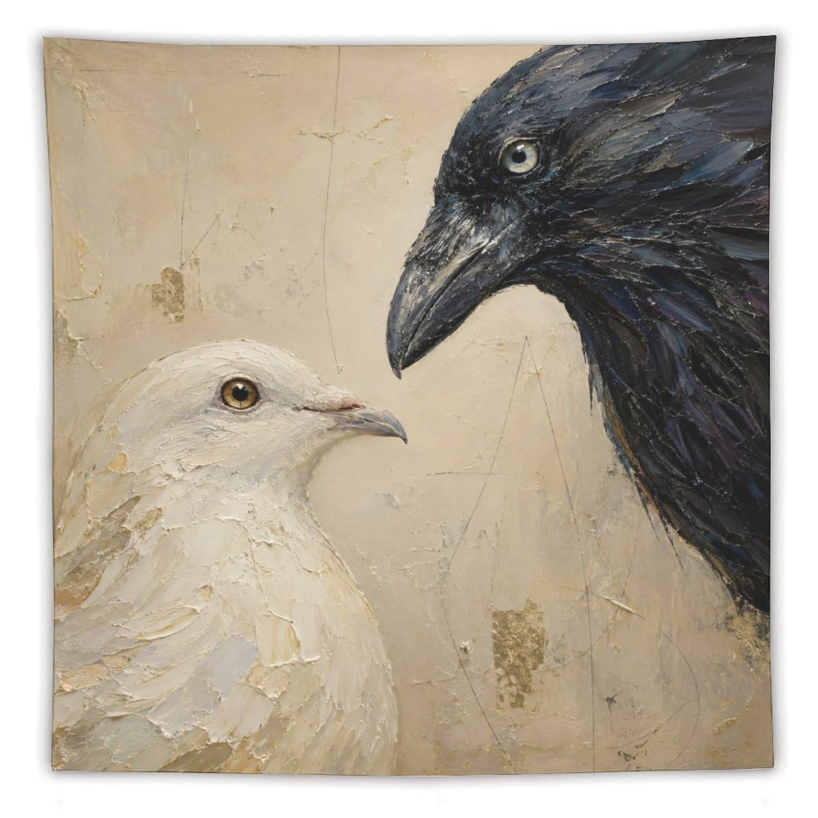 W7C8U2X3 Raven and Dove Wall Tapestry, Realistic Illustration, Bed