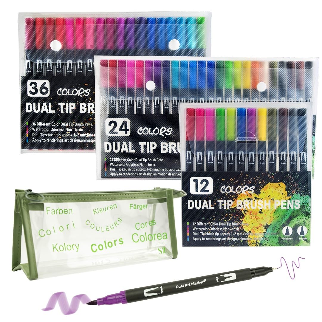 Material Escolar. Rotuladores Lettering + Estuche Escolar. Rotuladores Acrilicos Doble Punta (Fina y Pincel). Papeleria. Rotuladores Lettering Niños. Canetas Acrilicas más Estuche Multifunción (12)