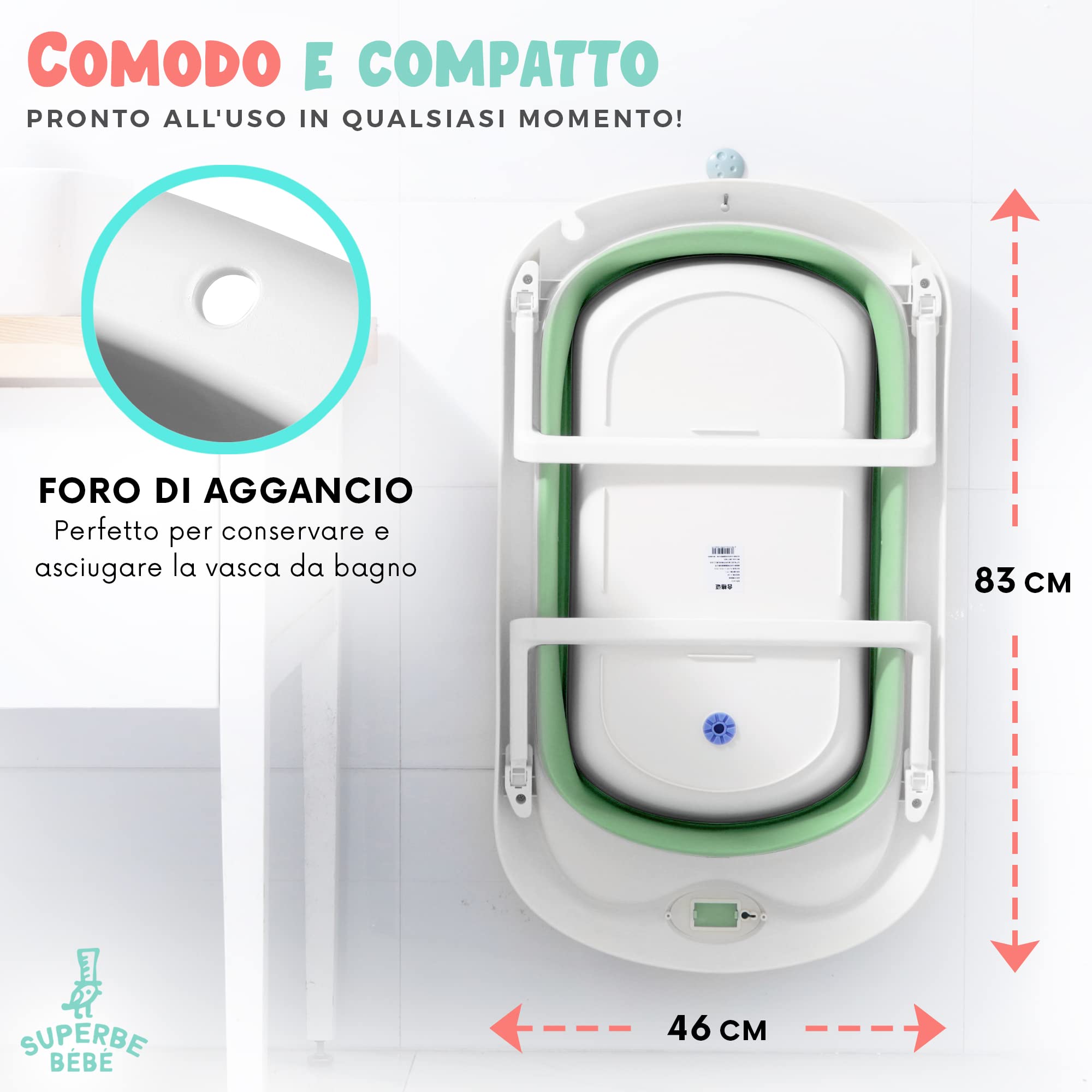 Bagnetto per bambini pieghevole con supporto bagnetto/Vaschetta bagno neonato XL con termometro per il controllo della temperatura dell'acqua/Dalla nascita ai 3 anni