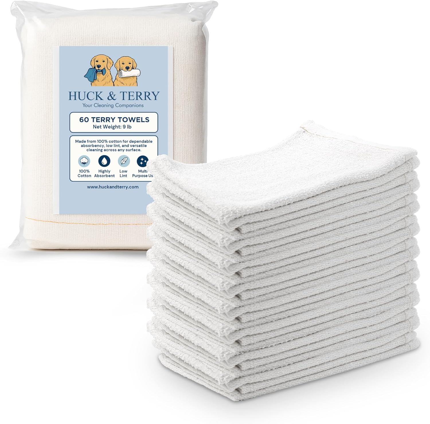 Terry Cloth Rags for Cleaning (60PCS), Bag of Rags White, 100% Cotton Bar Mop, Paint Cloth and Multipurpose, Kitchen, Auto, Staining, Lint Free Absorbent Washable Towel 15x18 in