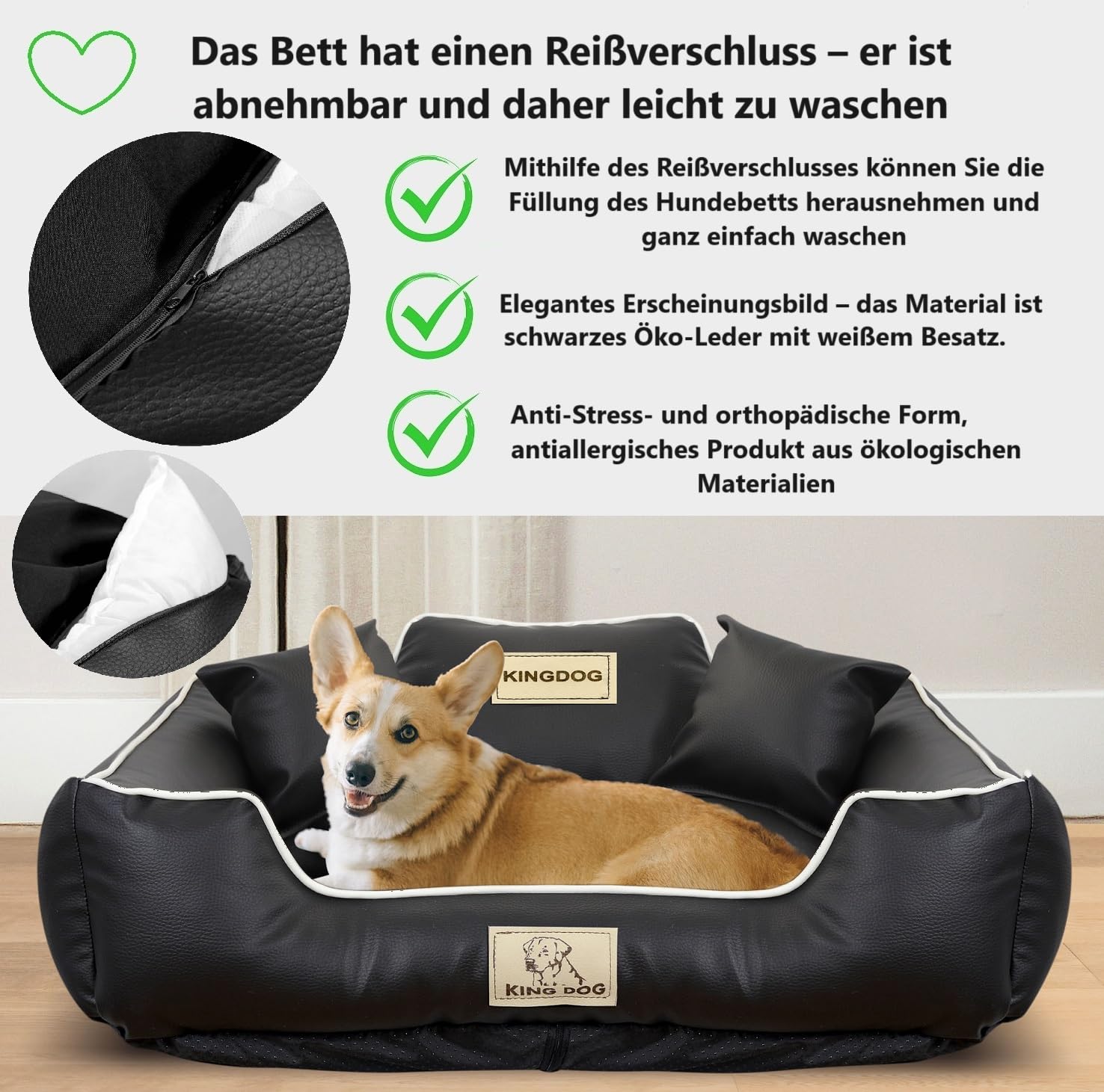 KING DOG Hundebett sehr Grosse Hunde Waschbar XL 115 x 95 cm aus Öko-Leder Hundekissen Haustierbett Hundekorb Personalisiert - Name des Hundes Wasserdichtes Material Silikon Füllung Schwarz