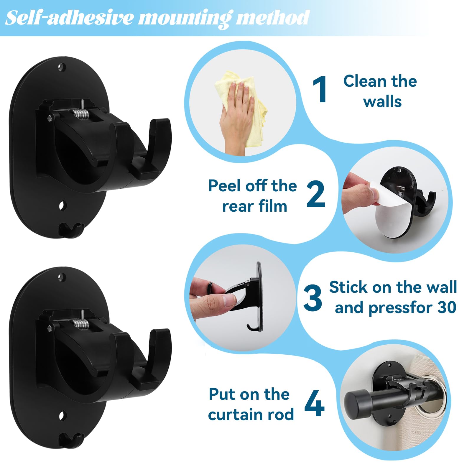 2 Supports Tringle Rideau Sans Perçage - Fixation Adhésive Ou Vis, Pour Rideaux Jusqu'à 4cm, Charge 2kg, Noir