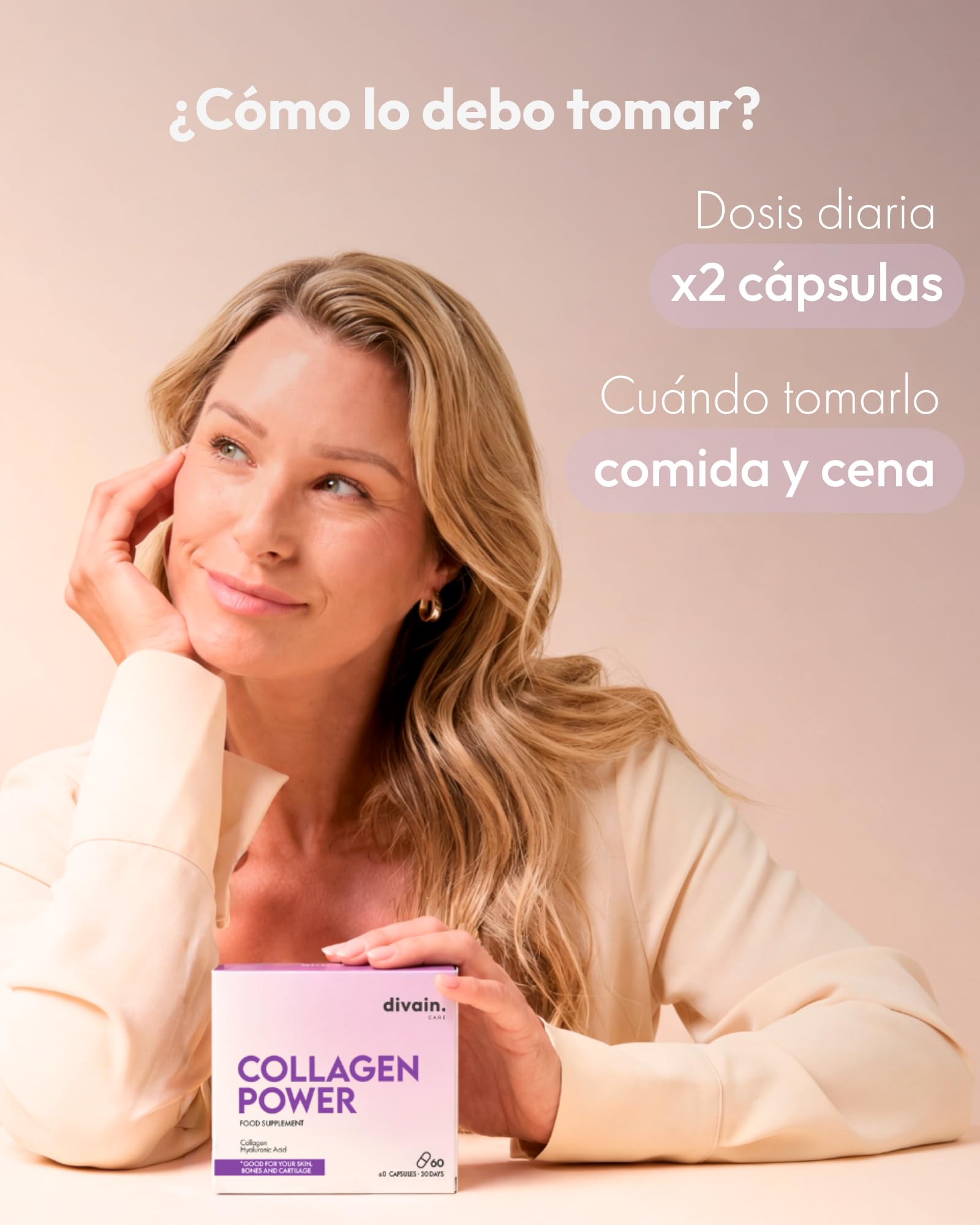 Colágeno Hidrolizado con Ácido Hialurónico, Vitamina C y Zinc | Fórmula 4 en 1 | 60 Cápsulas | Collagen Power | divain. Care