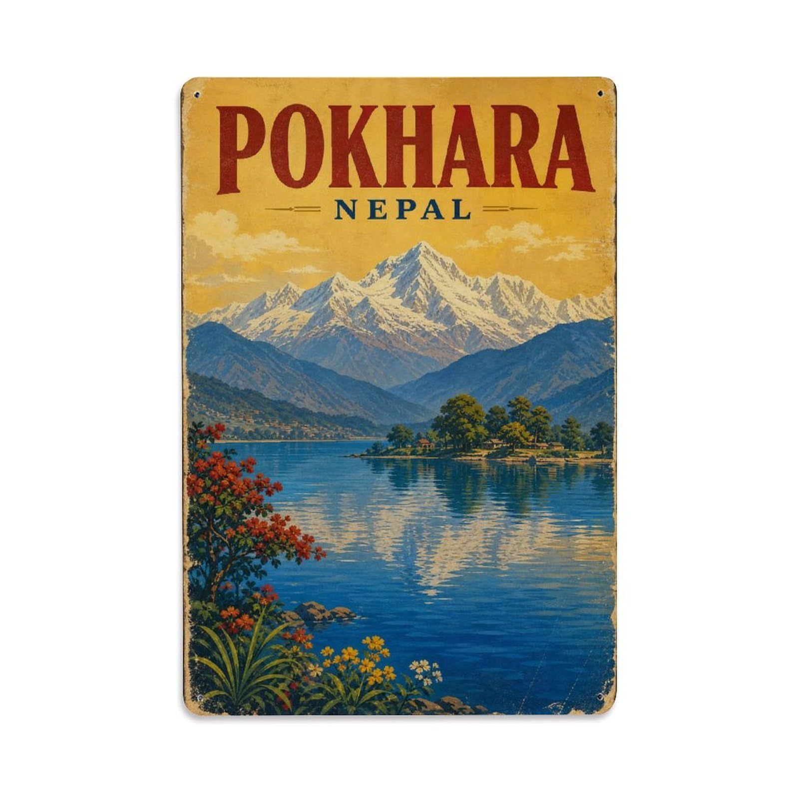 Retro Travel Nepal Pokhara Metal Tin Sign Plaque Wall Decor for Cafe, Club Bar, Office, Garden Metal Poster 8x12Inch