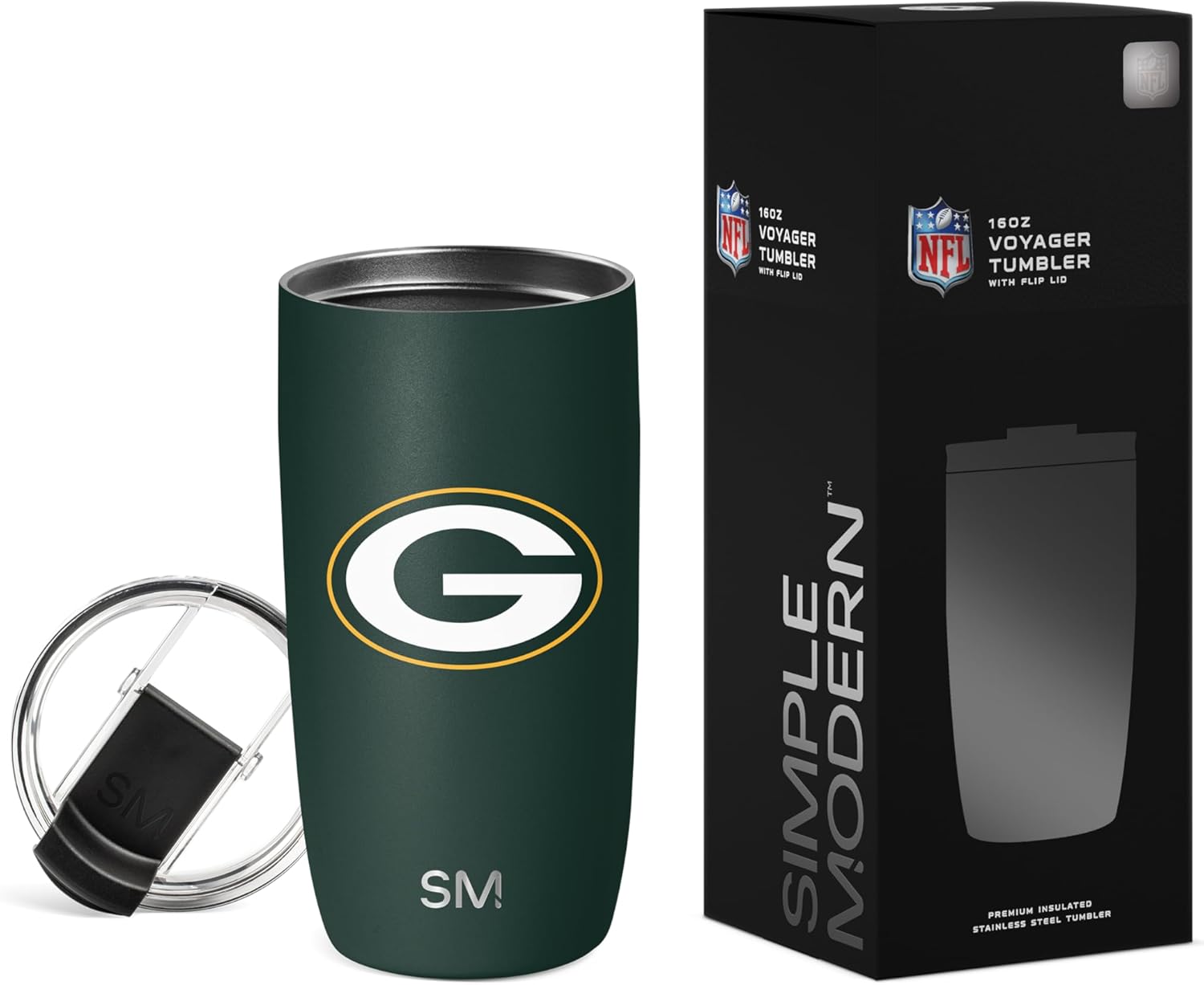 Simple Modern Officially Licensed NFL Green Bay Packers 16oz Travel Coffee Tumbler with Flip Lid | Stainless Steel Cup | Football Gifts for Men, Women | Voyager Collection | Green Bay Packers