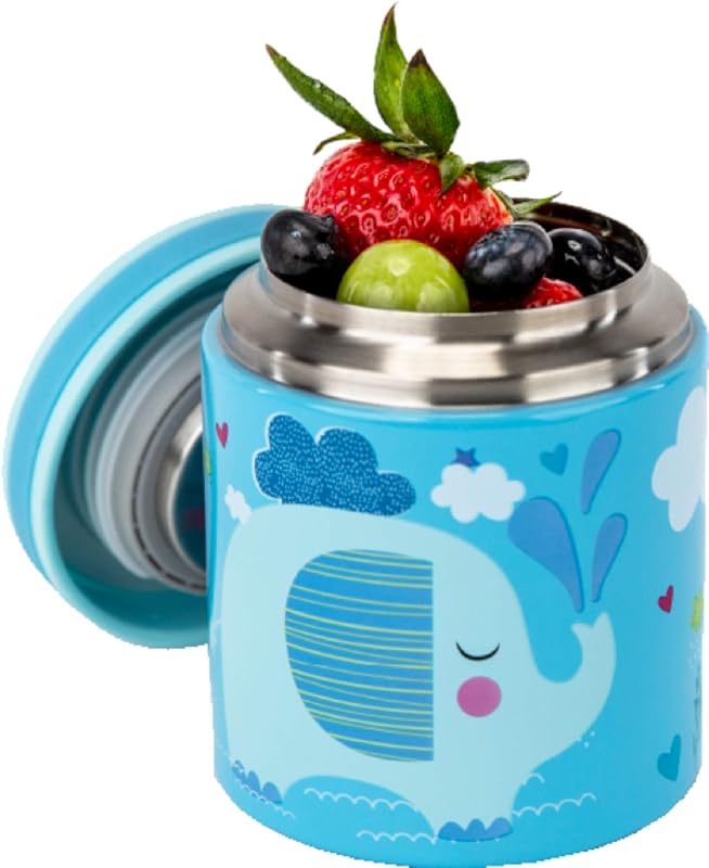 Vacuum Insulated Jar & Thermos, BPA-Free Lunch Containers, Double-Wall 304 Food Grade Stainless Steel, 14 oz Keep Hot 12hr & Cold 24hr, Blue with Pattern